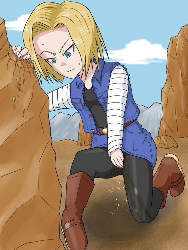 android_18 angry dragon_ball frustrated need_to_pee og_ssa omorashi outside part_of_a_set pee_stain stained_clothes tagme