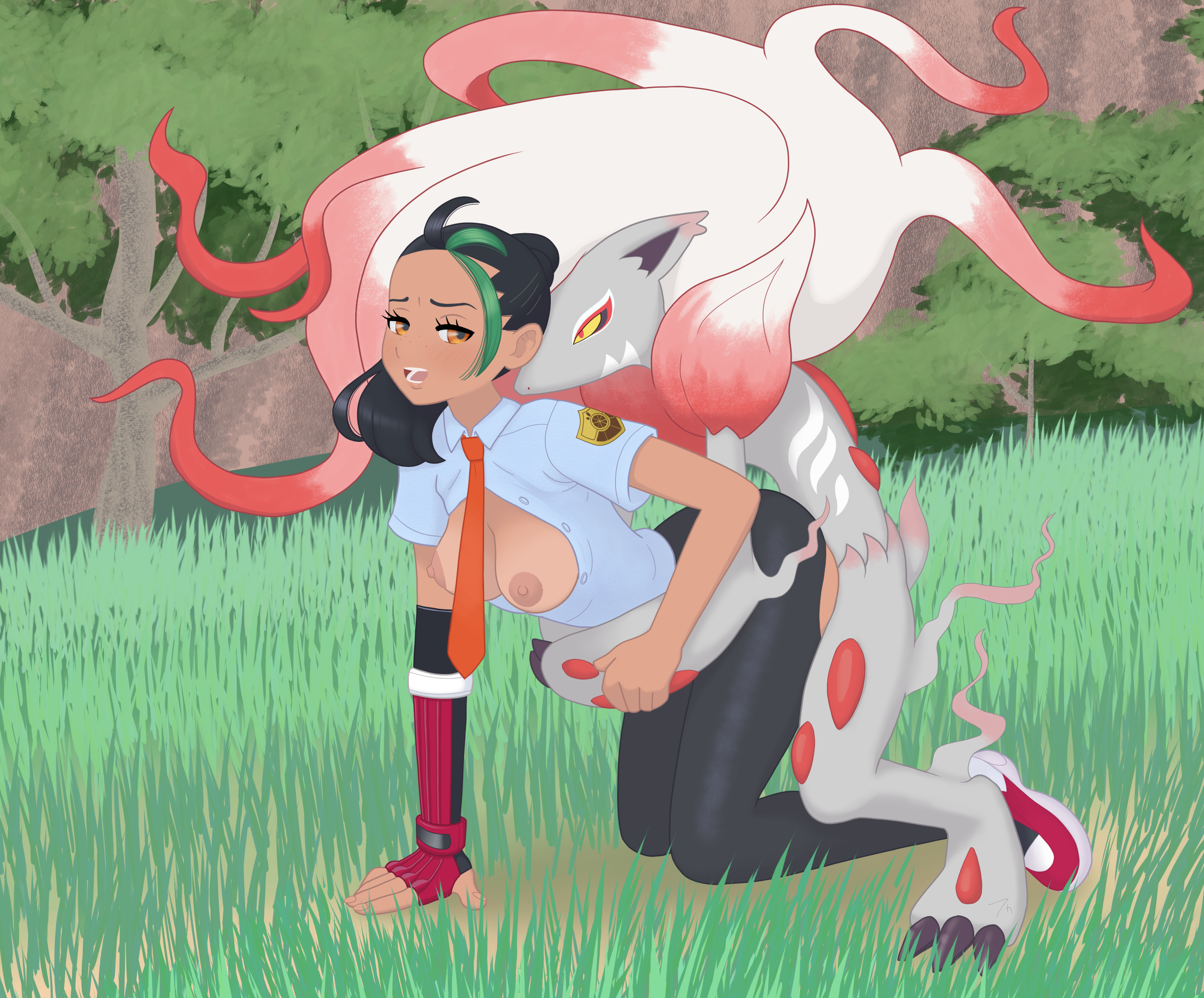 1boy, 1girls, areola, black hair, breasts, breasts out, clothed sex, doggy style, female, female human, functionally nude, green highlights, hand on ground, hisuian form, hisuian zoroark, human, leggings, male, male pokemon/female human, male/female, naranja academy school uniform, nemona (pokemon), orange eyes, outdoors, pokemon, pokemon (species), pokemon sv, pokephilia, regional form (pokemon), school uniform, seven7hsin, straight, torn clothes, torn leggings, torn legwear, zoroark