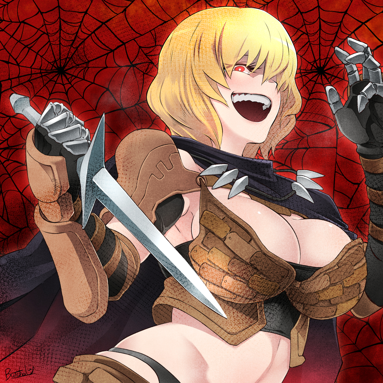 big breasts, blonde hair, breasts, butcha-u, clementine (overlord), female, overlord (maruyama), red eyes, short hair, skimpy, skimpy armor, sword, tagme