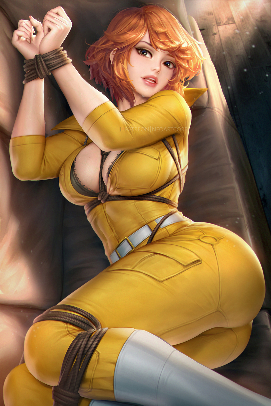 1girls, april o'neil, april o'neil (tmnt 1987), ass, auburn hair, black bra, bondage, bound legs, bound wrists, bra, bra peek, breasts, couch, female, helpless, jumpsuit, large breasts, looking at viewer, neoartcore, on couch, rope between breasts, solo, teenage mutant ninja turtles, teenage mutant ninja turtles (1987), tied up, tmnt 1987, yellow jumpsuit
