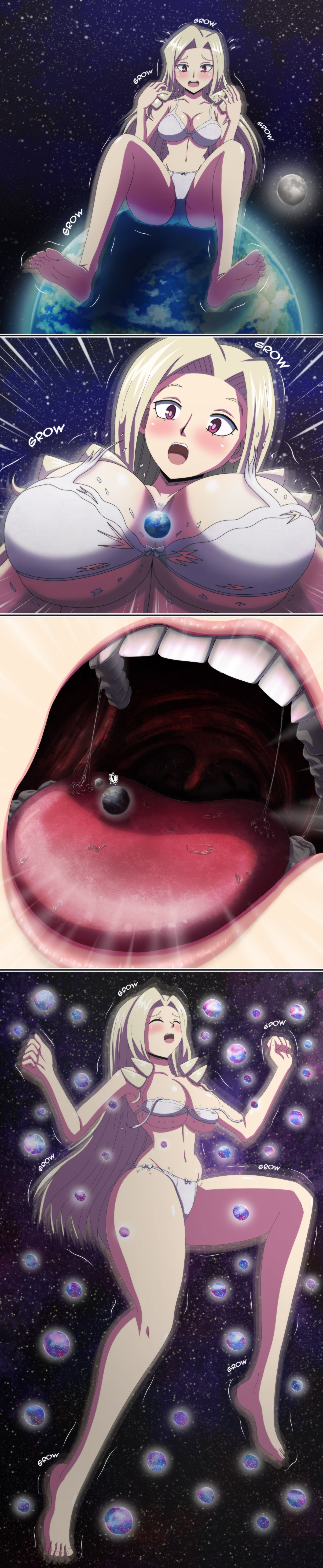 anime style, big breasts, bikini, blonde hair, bra, breasts, close-up, closed eyes, comic, feet, female, giantess, gigantic breasts, growing, growth, hyper giantess, large breasts, long hair, macro, macrophilia, manga, mount lady, mouth, my hero academia, open mouth, panties, pixiv, planet, purple hair, space, toes, vore, white bikini, white bra, yuu takeyama