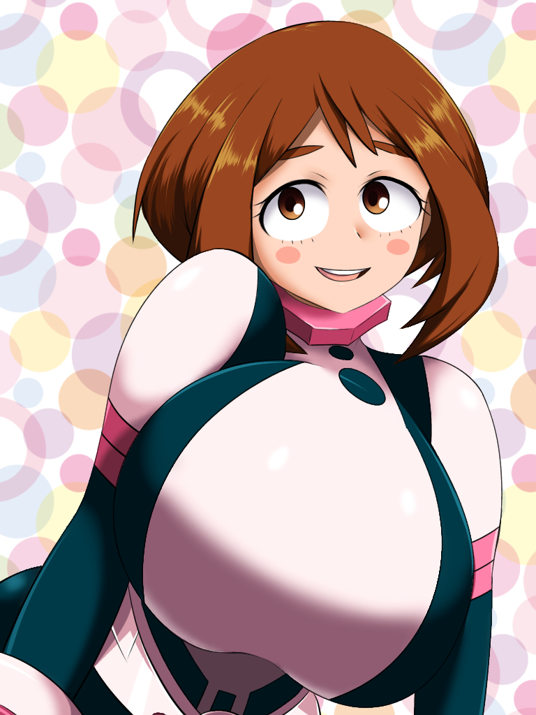 1girls big_breasts black_latex black_latex_bodysuit breasts breasts_bigger_than_head brown_eyes brown_hair clothed clothed_female cute cute_face female female_only fully_clothed hero_outfit_(mha) heroine huge_breasts latex latex_bodysuit latex_clothing latex_suit my_hero_academia norio_(pheromosa_times) ochako_uraraka ochako_uraraka_(hero_outfit) pink_latex shounen_jump smile solo solo_focus superheroine uraraka_ochako uraraka_ochako_(hero_outfit) white_latex