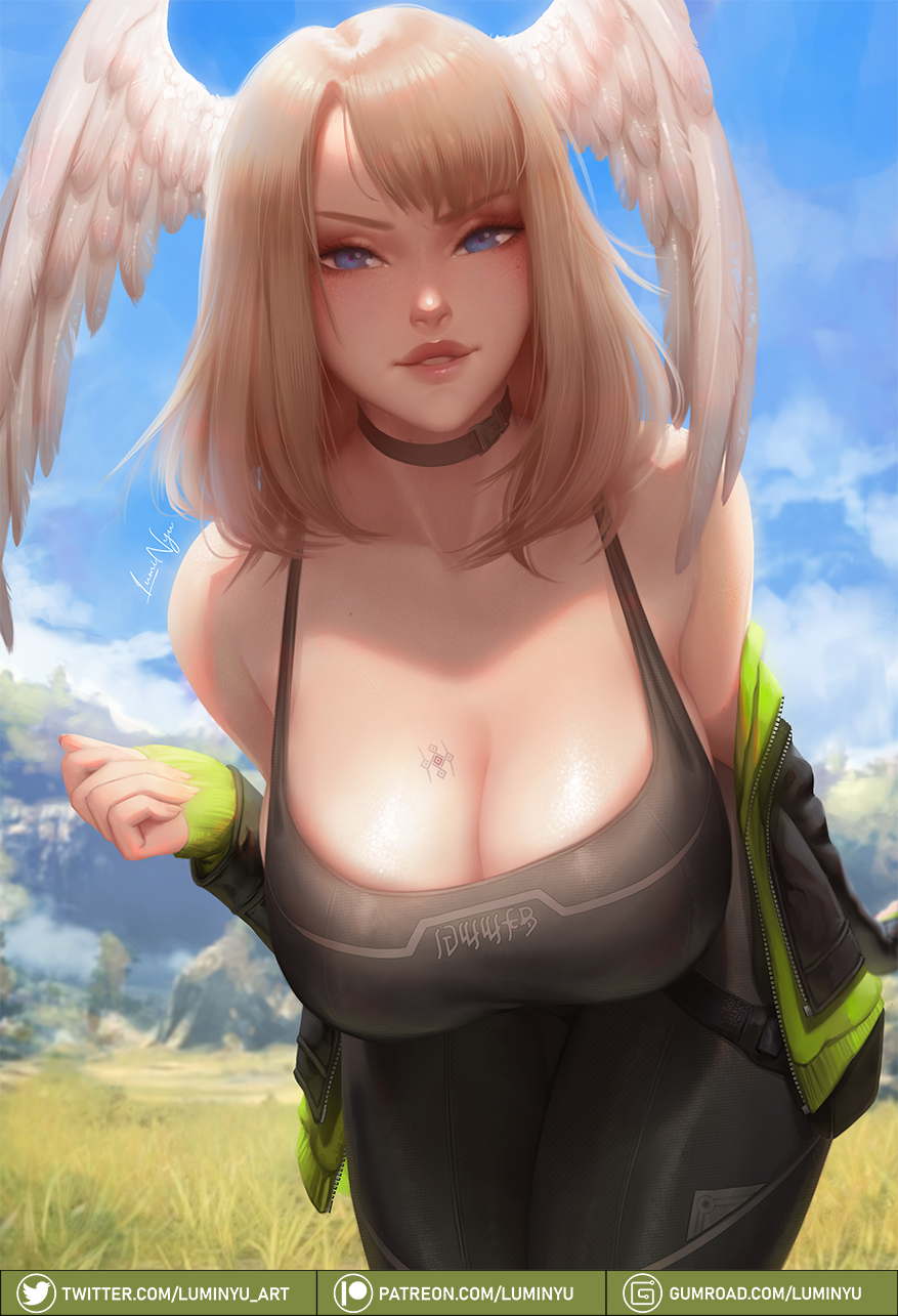 1girls, arm behind back, artist name, ass, bangs, bare shoulders, big ass, big breasts, big butt, black jacket, black leggings, black legwear, black tank top, blue eyes, breast tattoo, breasts, bust, busty, choker, cleavage, curvaceous, curvy, curvy body, curvy female, curvy figure, curvy hips, eunie (xenoblade), female, female only, green jacket, hand up, hartman hips, huge breasts, large breasts, leaning, leaning forward, leg strap, leggings, legwear, light brown hair, light skin, light-skinned female, looking at viewer, luminyu, medium hair, nintendo, parted lips, shoulder length hair, sole female, solo, solo female, solo focus, tank top, tattoo, thick, thick female, thick legs, thick thighs, thighs, tight clothes, tight clothing, tight fit, tight pants, wings, xenoblade (series), xenoblade chronicles 3