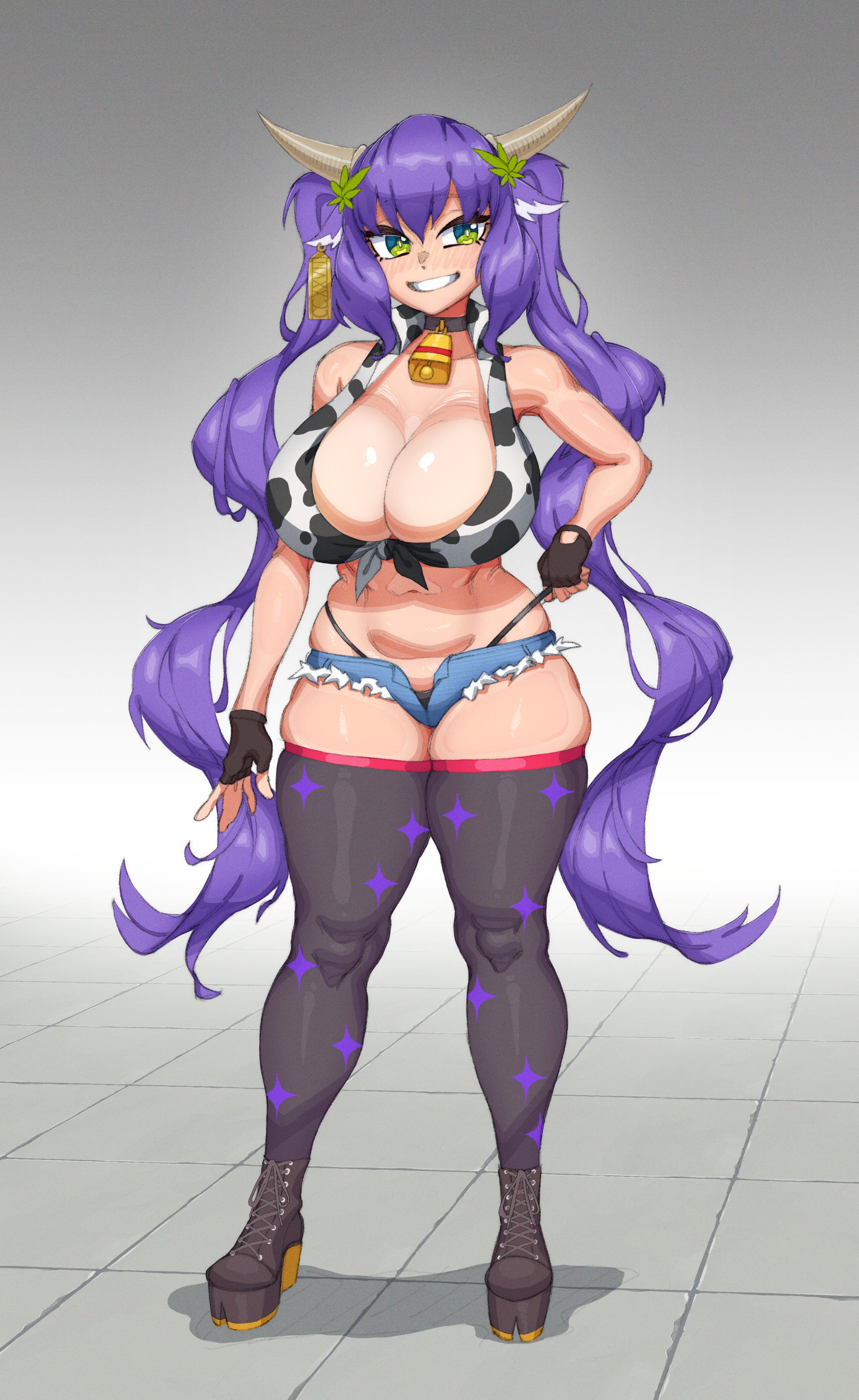 1girls, bell, bell collar, big breasts, black gloves, boots, breasts, cow ears, cow girl, cow horns, cowbell, cowprint, ear tag, female, fingerless gloves, gloves, green eyes, high heel boots, high heels, huge breasts, jean shorts, leggings, makinakid, purple hair, romolla, skindentation, smile, thick thighs, thighhighs, thong, twintails, virtual youtuber, wreath