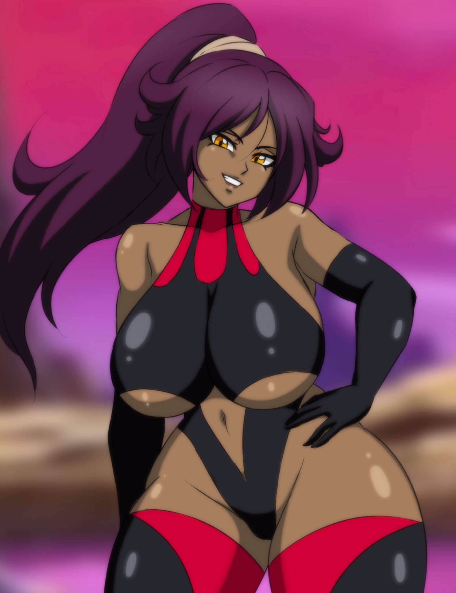 1girls, armwear, big breasts, black gloves, bleach, breasts, clothing, darwaarts, female, female only, gloves, hair, hand on hip, hips, huge breasts, legwear, lips, looking at viewer, ponytail, purple hair, shihouin yoruichi, smile, solo, solo female, thick thighs, thighhighs, thighs, wide hips, yellow eyes