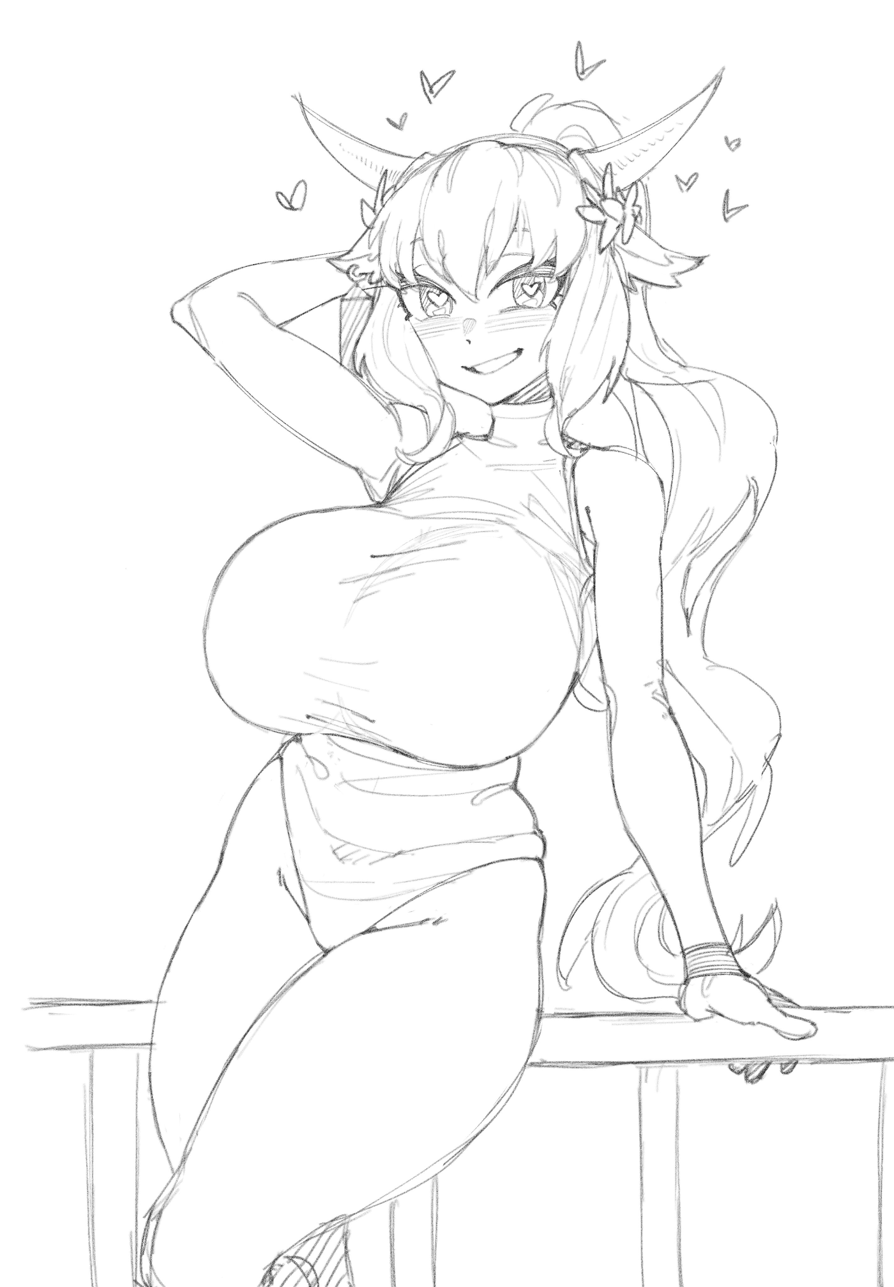 1girls, arm up, big breasts, breasts, cow ears, cow girl, cow horns, female, heart, heart-shaped pupils, huge breasts, leaning, leotard, makinakid, monochrome, romolla, seductive, seductive look, seductive pose, seductive smile, sketch, smile, virtual youtuber, wreath