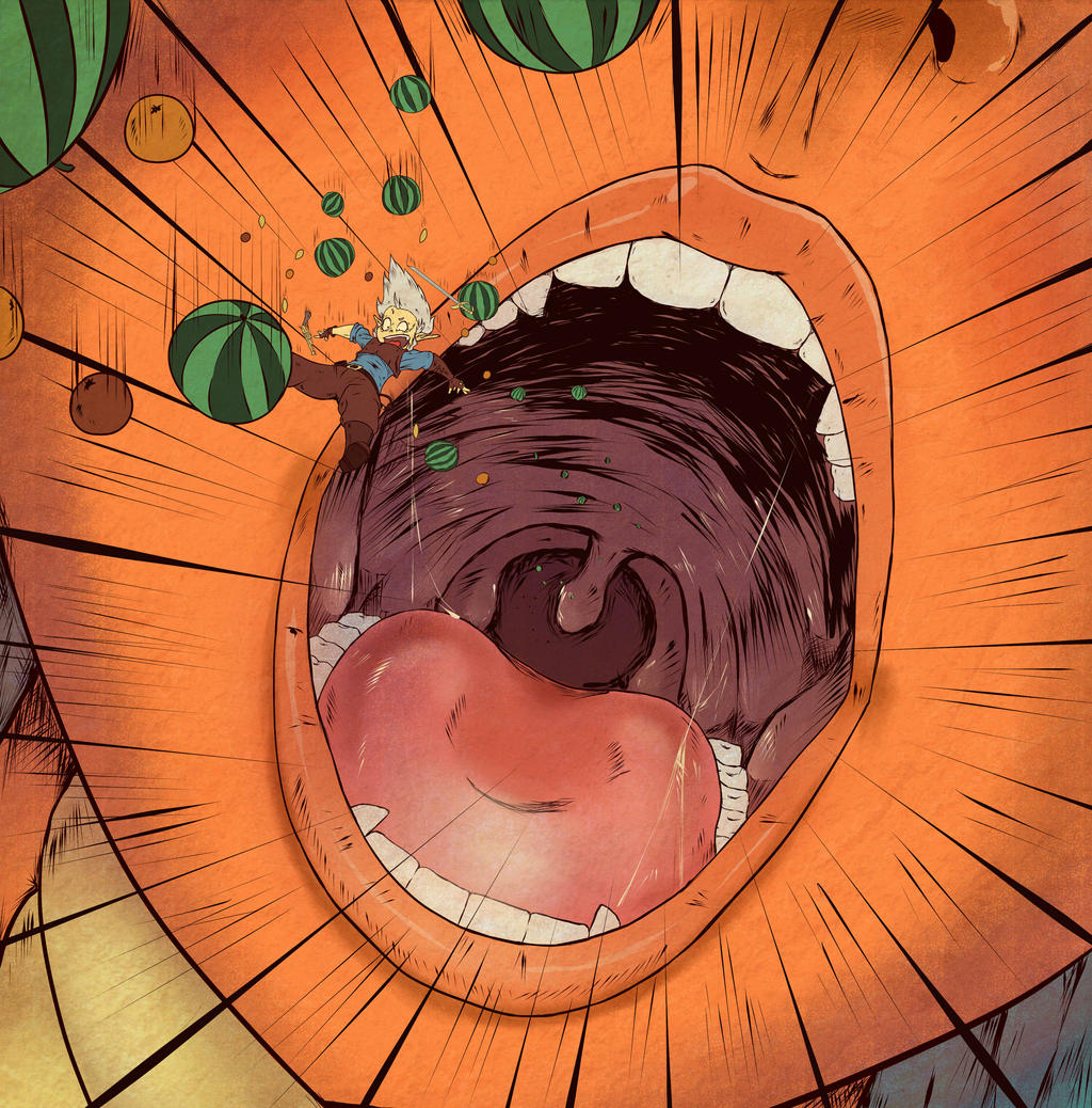 copyright_request deviantart digital_art falling fruit giantess lips macrophilia melon open_mouth shrink shrinking shrunk teeth tongue vore