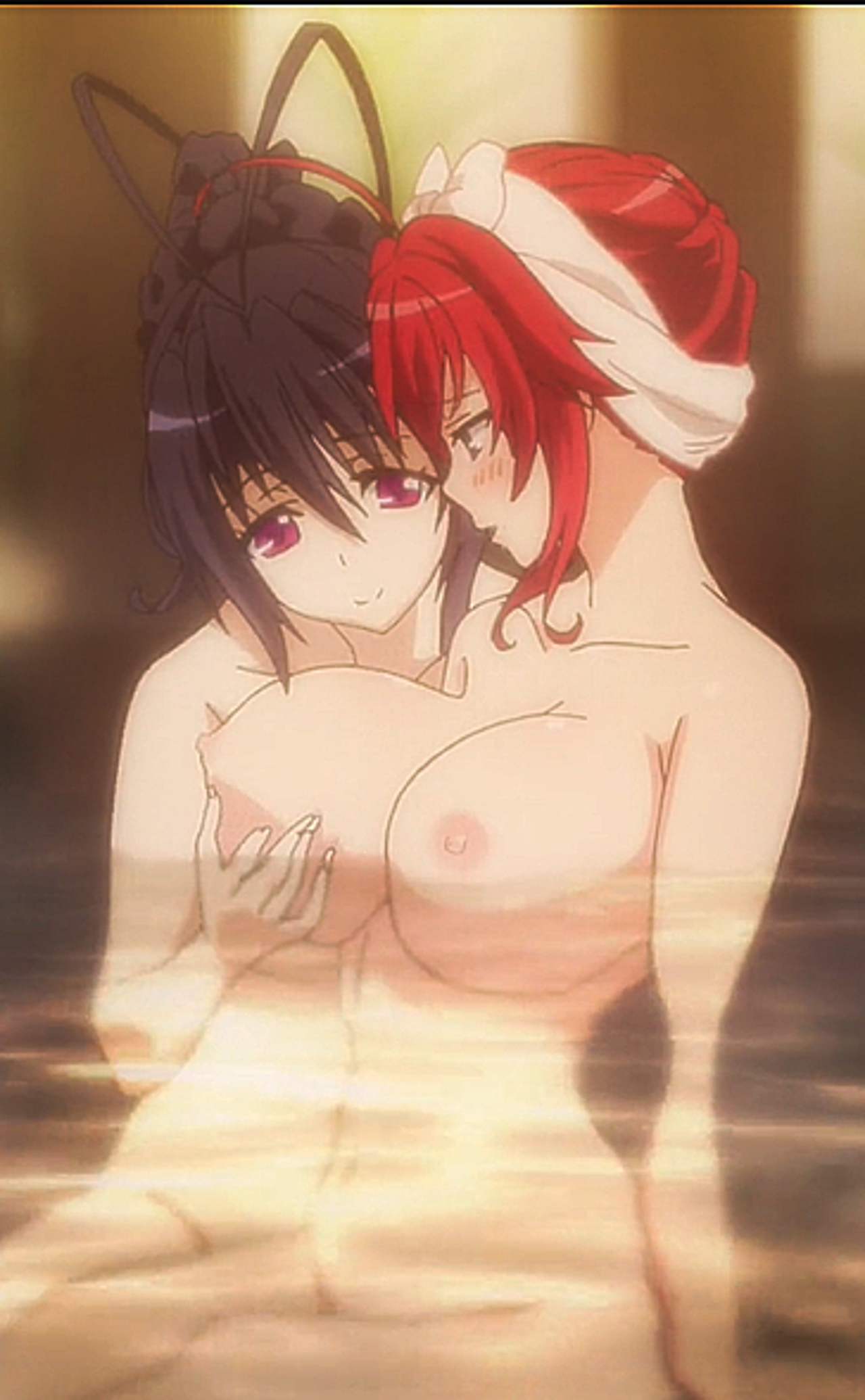 2girls, akeno himejima, best friends, black hair, breasts, demon, demon girl, embarrassed, female, female only, high school dxd, high school dxd hero, multiple girls, naked, nipples, nude, passione (company), red hair, rias gremory, screencap, screenshot, yuri