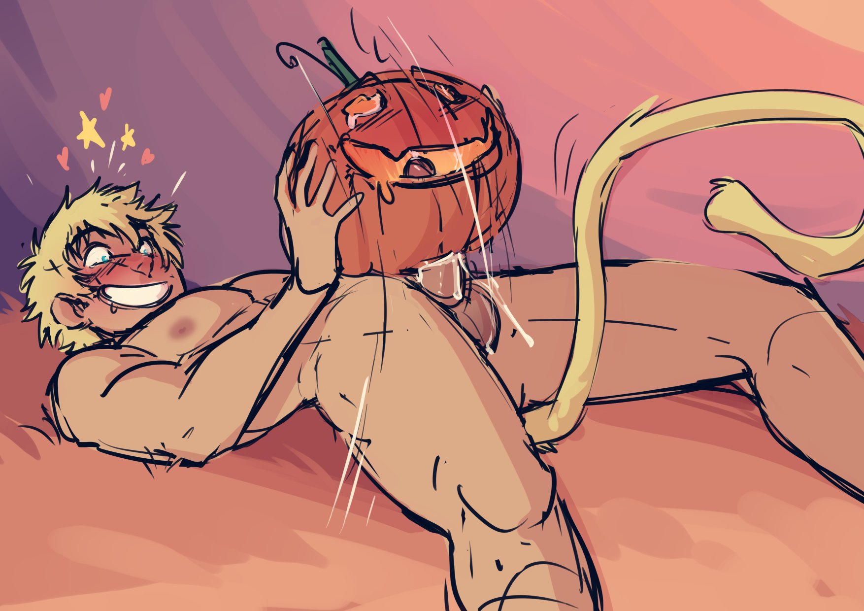 ahegao, balls, blonde hair, cum, cumshot, fucking pumpkin, gay, halloween, jack-o'-lantern, lying on back, male, male only, pumpkin, pumpkin masturbation, sketch, solo, solo male, spread legs, tagme, tail