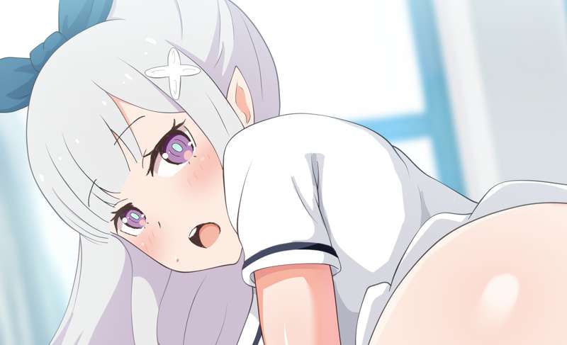 alternate_costume alternate_hairstyle alternate_outfit asking_a_question bare_arms bare_ass bare_butt before_sex blush blush classroom elf elf_ears elf_female elf_girl emilia_(re:zero) eyebrows_raised female female hair_ornament hair_ribbon half-elf half_elf half_naked half_nude imminent_sex in_class indoors leaning_forward leaning_on_table light-skinned_female long_hair looking_back looking_back_at_partner low_res lowres nervous open_clothes open_eyes open_mouth pointy_ears ponytail purple_eyes questioning radio_(mei99) raised_eyebrows re:zero_kara_hajimeru_isekai_seikatsu short_shirt silver_hair standing sweatdrop sweating upper_teeth white_clothing white_hair white_shirt window x_hair_ornament