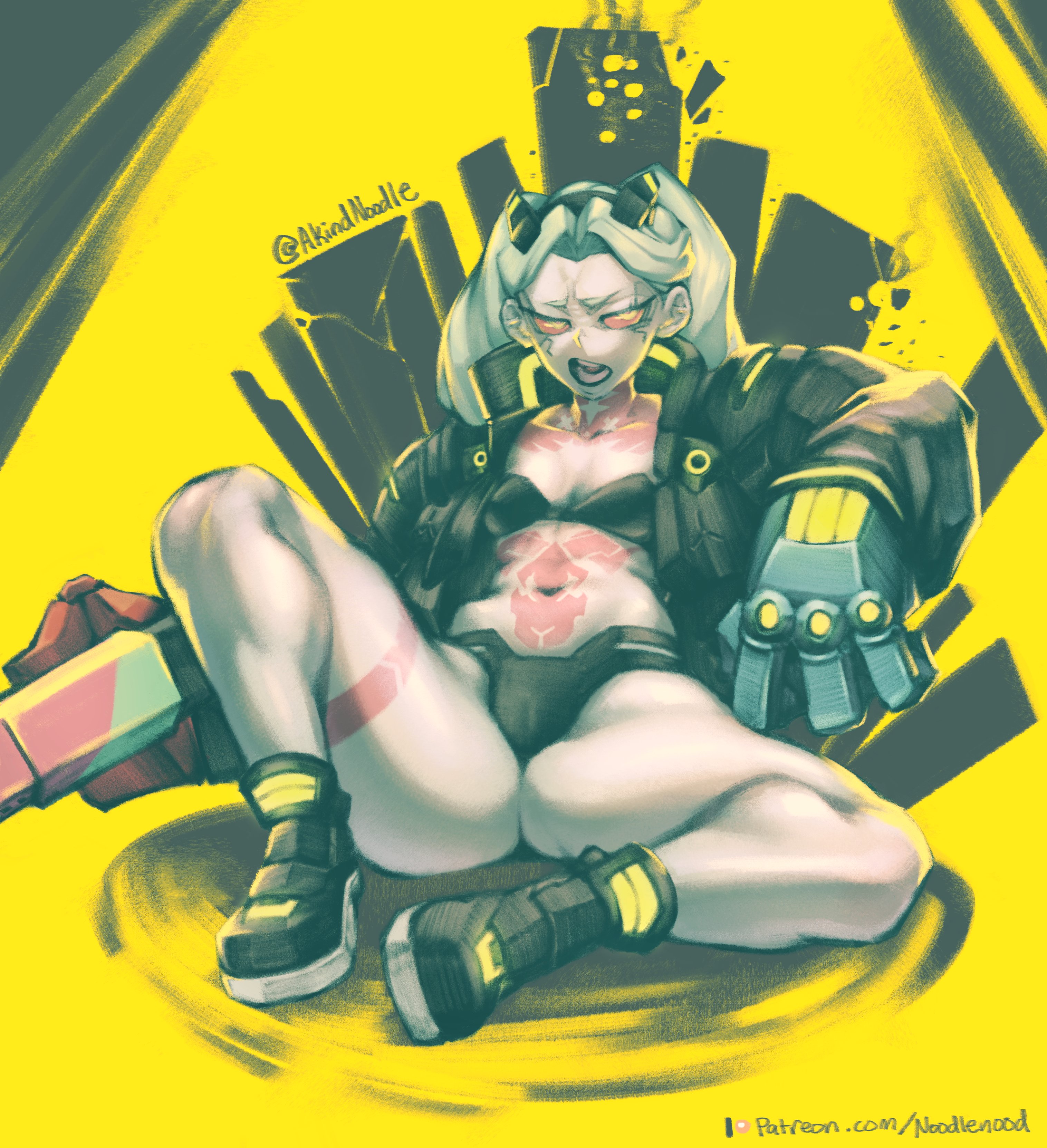 1girls, angry, aroodnoodle, ass, body markings, boots, breasts, cameltoe, cybernetics, cyberpunk 2077, cyberpunk: edgerunners, cyborg, eye contact, female, female only, flat chest, green eyes, looking at viewer, noodlenood, panties, pussy, rebecca (edgerunners), red sclera, robotic arm, small breasts, spread legs, thick thighs, thighs, twintails, young