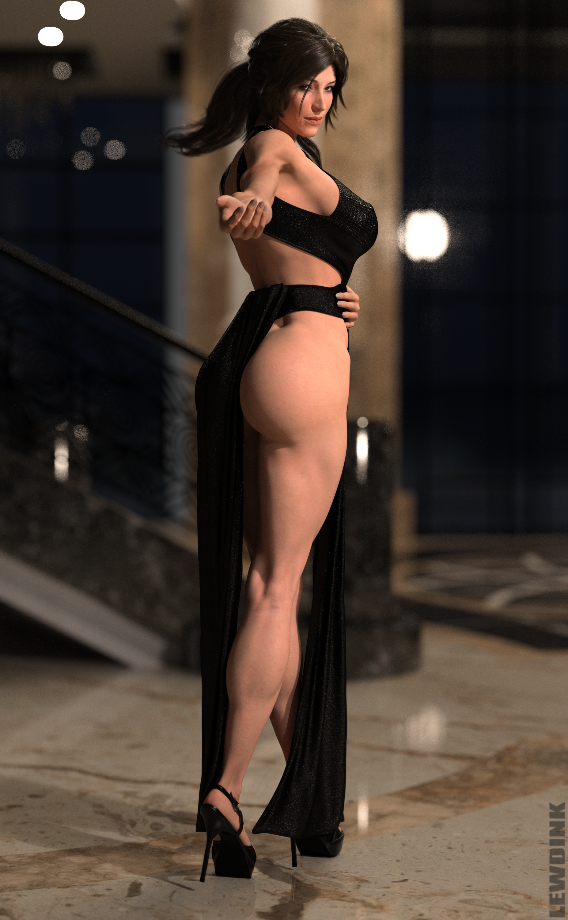 1girls, 3d, abs, ass, big breasts, black dress, black high heels, breasts, brown eyes, brown hair, brunette, dress, dress lift, dress pull, exhibitionism, female, female only, gold (metal), gold jewelry, hand on hip, hands on hips, high heels, invitation, inviting, inviting to sex, lara croft, lara croft (survivor), lewdink, long dress, long legs, looking at another, looking at partner, looking at viewer, looking away, looking to the side, makeup, microskirt, muscle tone, muscles, muscular, muscular female, nail polish, navel piercing, no panties, outdoors, party, plaid skirt, platform heels, ponytail, pubic tattoo, public, public nudity, scar, solo, stripper, thighs, tomb raider, tomb raider (survivor), toned, toned body, toned legs, toned stomach, white nails