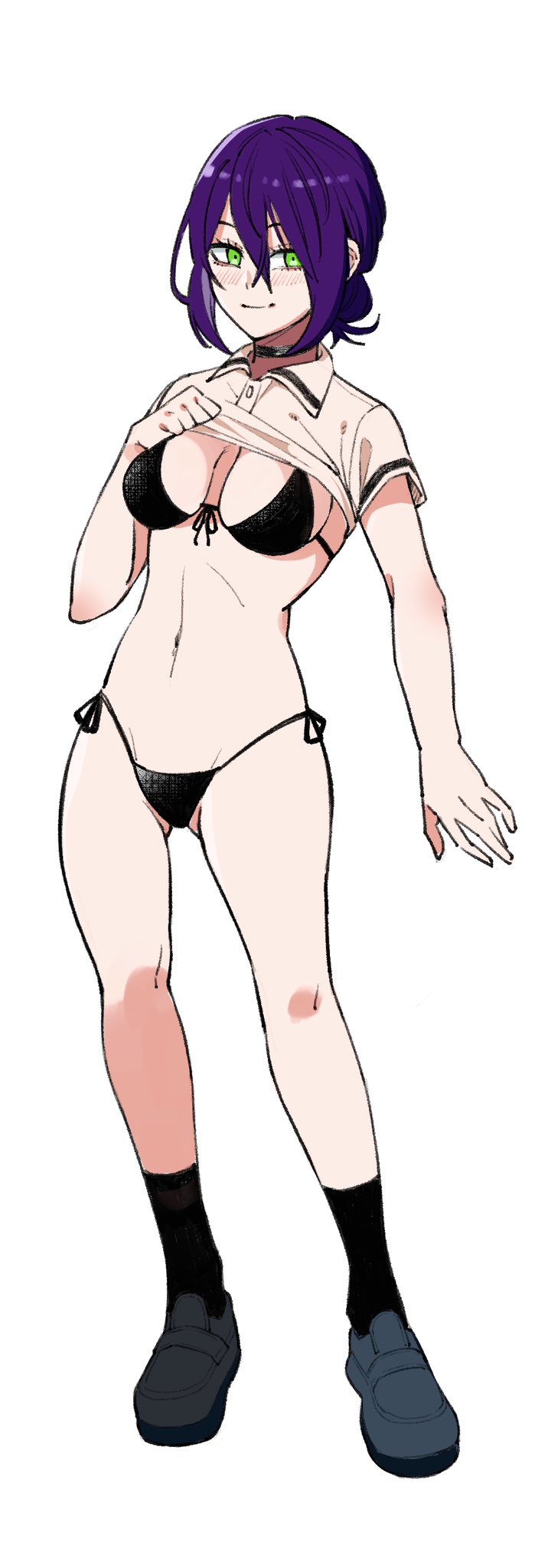 1girls, belly, belly button, big breasts, blush, blushing, breasts, chainsaw man, devil, devil girl, female, female only, green eyes, legs, purple hair, reze (chainsaw man), shirt lift, shirt pull, shirt up, shoes, shounen jump, siri (artist), smile, smiling, thick, thighs, tummy, underwear, violet hair, white background
