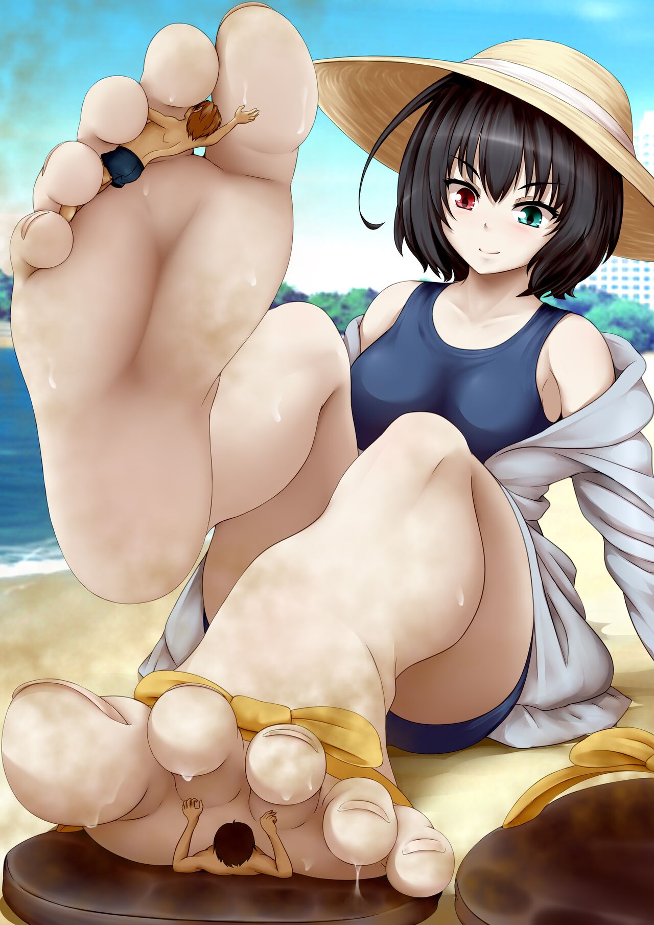 1girls 2boys another beach between_toes black_hair blue_eyes cg17 crush crushing crushing_tiny_person digital_media_(artwork) female giantess hat heterochromia male miniboy misaki_mei pale_skin red_eyes sand short_hair sitting slippers steam stench sweat swimsuit tall_image water