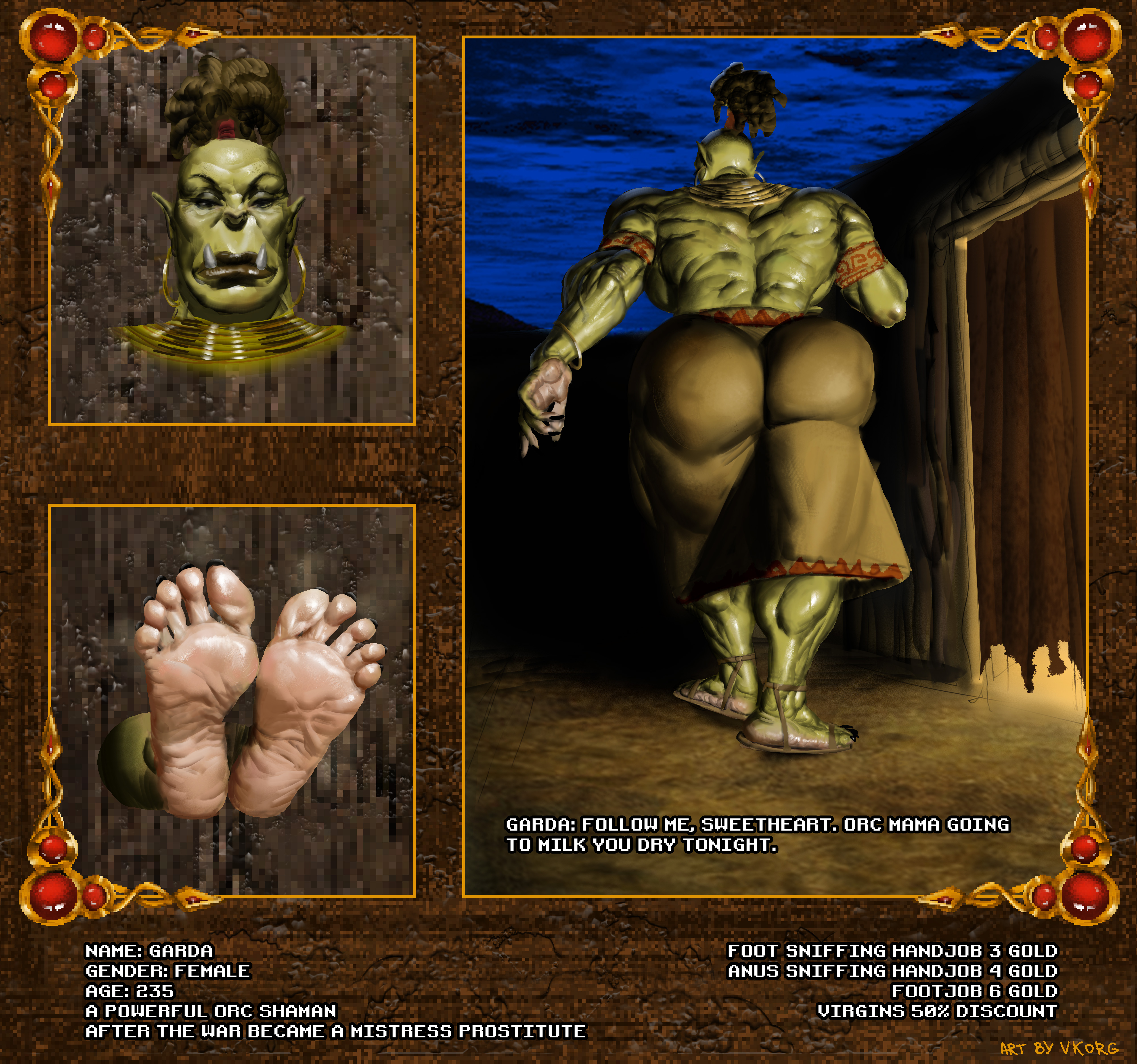 1boy, 1girls, artist name, ass, brown hair, bubble ass, bubble butt, collar, ear piercing, ear ring, earring, earrings, english, english commentary, english dialogue, english text, faceless male, fangs, feet, female, full body, green body, green skin, huge ass, huge butt, interspecies, large ass, large butt, looking at viewer, male, mature, mature female, monster, monster girl, muscles, muscular, muscular arms, muscular ass, muscular back, muscular female, muscular legs, muscular thighs, oerba yun fang, orc, orc female, original, original character, original characters, parody, pixelated, sandals, taller female, thick thighs, thighs, tied hair, video game, video games, vkorg