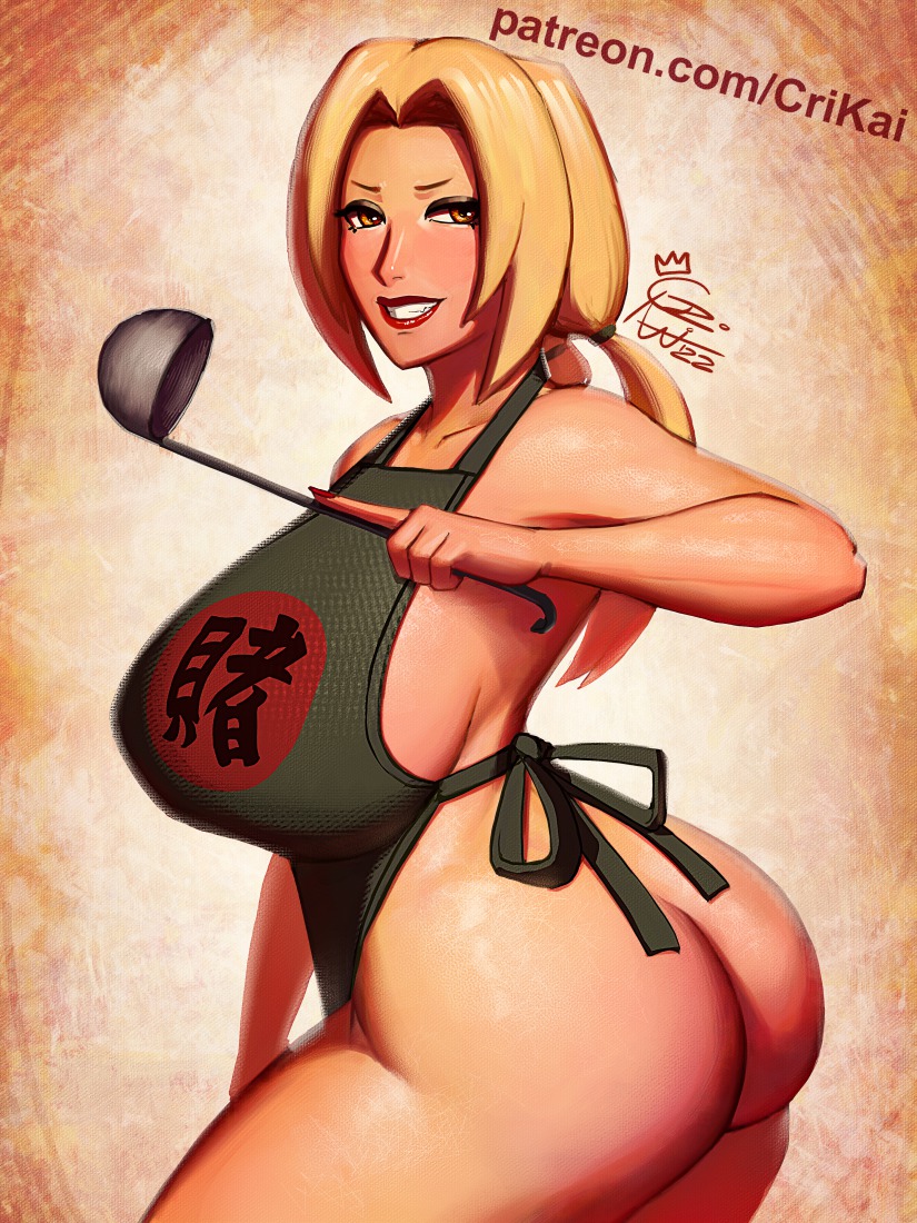 1girls, 2022, alternate version available, apron, apron only, ass, big ass, big breasts, blonde hair, blushing at viewer, breasts, brown eyes, bubble ass, bubble butt, crimson kaiserin, female, female only, forehead jewel, forehead mark, green apron, hair, hokage, holding object, huge ass, huge breasts, inviting to sex, kunoichi, large breasts, lips, lipstick, looking at viewer, mature, mature female, milf, nails, naked apron, naruto, naruto (classic), naruto (series), naruto shippuden, ninja, red lips, red lipstick, shounen jump, sideboob, smiling at viewer, solo, solo female, thick lips, thick thighs, thighs, tsunade
