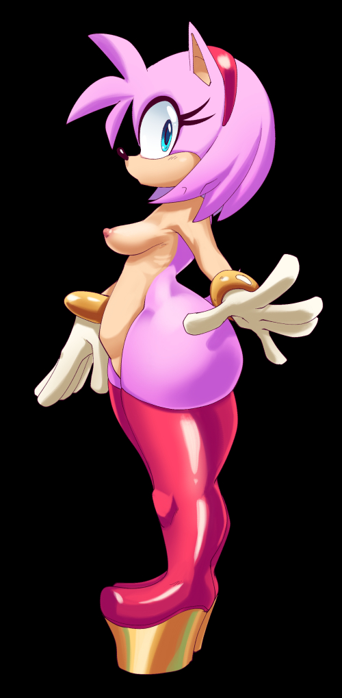 1girls, amy rose, anthro, areolae, box chan, breasts, female, female only, furry, hairband, high heel boots, medium breasts, nipples, pink body, sega, sideboob, solo, solo female, sonic (series), standing, thick thighs, thighs