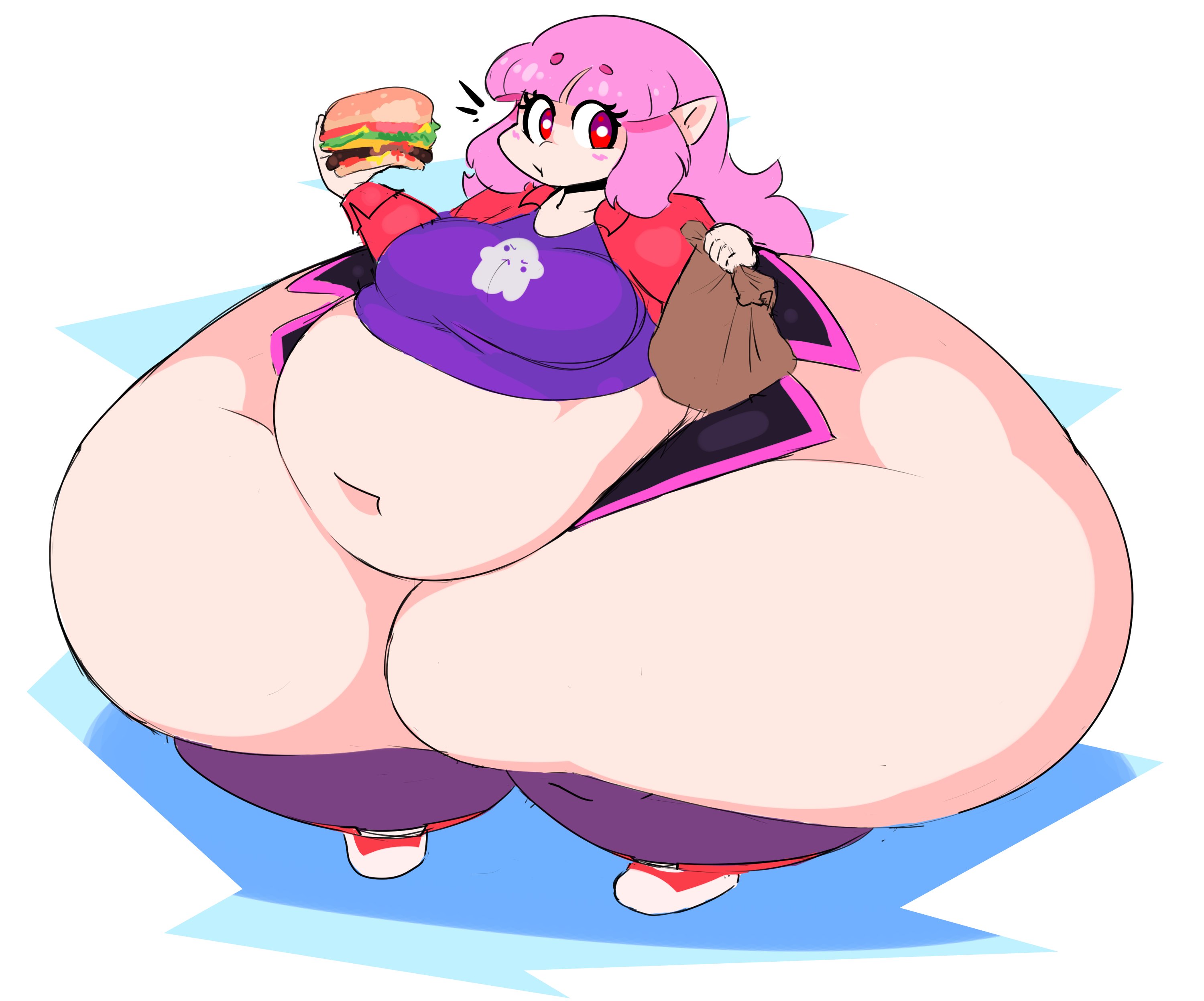1girls, 2021, american people be like, ass body, bbw, belly, belly overhang, big breasts, breasts, chubby, chubby female, elise (mysterydad), eyebrows visible through hair, female, female focus, gigantic thighs, hi res, high resolution, highres, hips, huge belly, huge thighs, hyper, hyper hips, hyper thighs, looking at viewer, mysterydad, overweight, overweight female, pink hair, pointy ears, red eyes, shortstack, solo, solo female, solo focus, thick thighs, thighs, voluptuous, wide hips