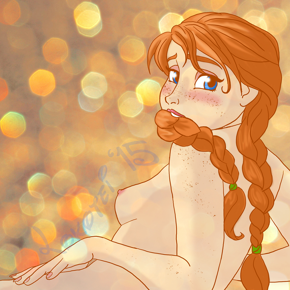 2015 :3 anna_(frozen) artist_name biting_hair blue_eyes blush cute disney female freckles frozen_(film) ginger ginger_hair hand_on_hip lokotei looking_at_viewer nipples nude nude_female pink_nipples red_hair twintails white_skin