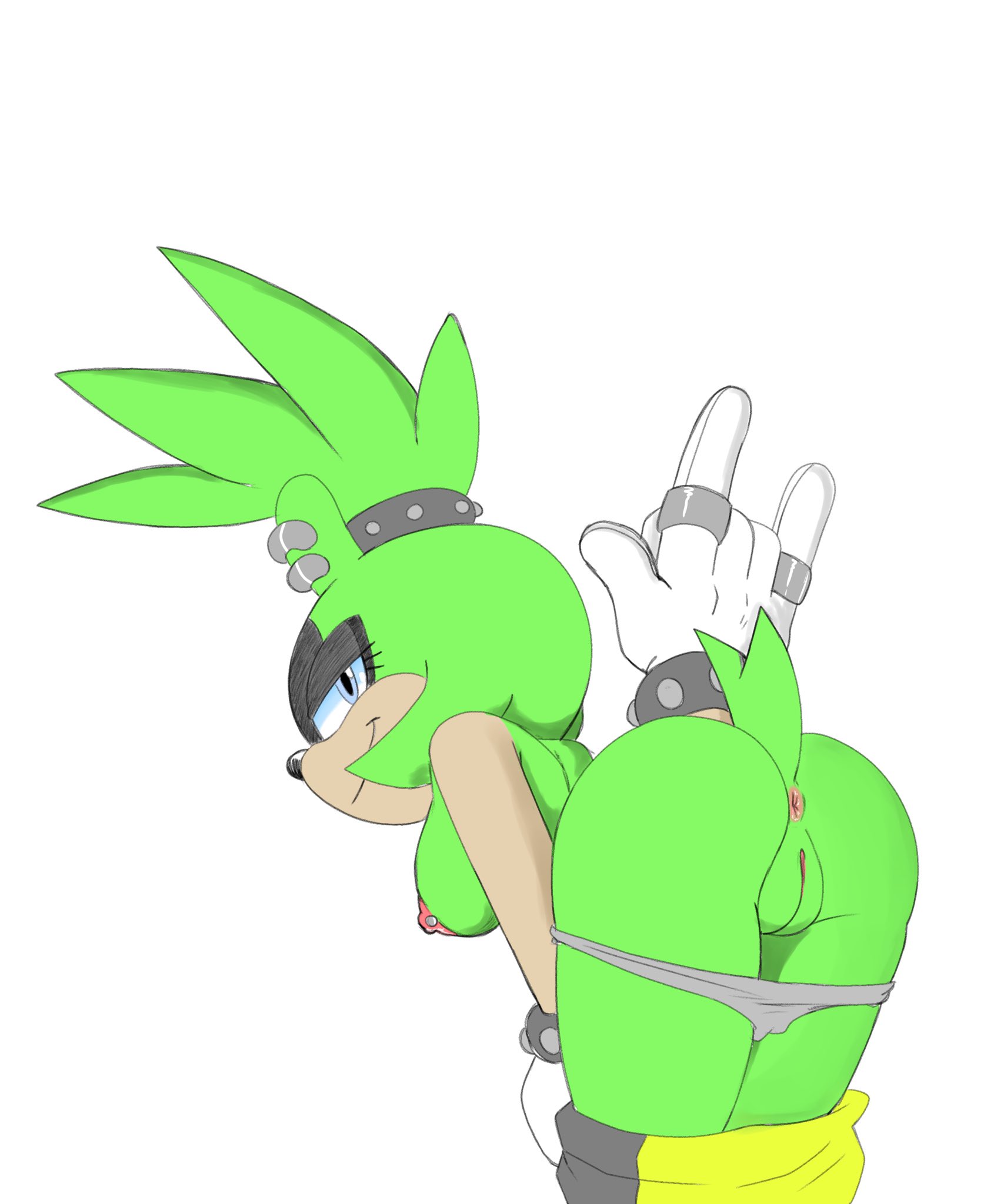 1girls, afrosoricid, anthro, anus, ass, bent over, big breasts, breasts, clothing, ear piercing, female, female only, fur, furry, furry only, green body, green fur, idw comics, idw publishing, looking at viewer, looking back, mobian (species), neo x6, nipple piercing, nipples, piercing, presenting, presenting anus, presenting hindquarters, presenting pussy, pussy, sega, solo, sonic (series), sonic the hedgehog (comics), sonic the hedgehog (idw), sonic the hedgehog (series), surge the tenrec, tail, topless, white background