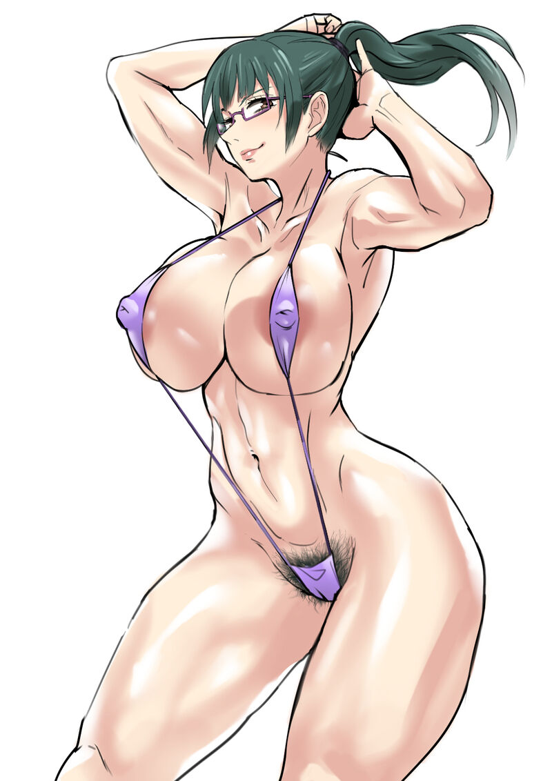 1girls akizora big_breasts bikini erect_nipples_under_clothes female female_only jujutsu_kaisen ponytail pubic_hair sling_bikini smile solo solo_female thick_thighs white_background zenin_maki