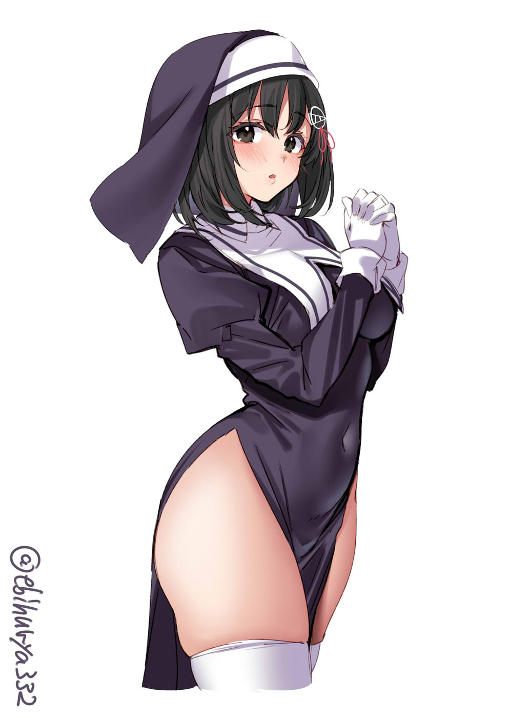 alternate_costume brown_eyes brown_hair dress ebifurya female gloves habit haguro_(kantai_collection) hair_ornament highres kantai_collection long_sleeves looking_at_viewer nun one-hour_drawing_challenge open_mouth own_hands_clasped own_hands_together pelvic_curtain purple_dress simple_background solo thighhighs thighs white_background white_gloves white_thighhighs