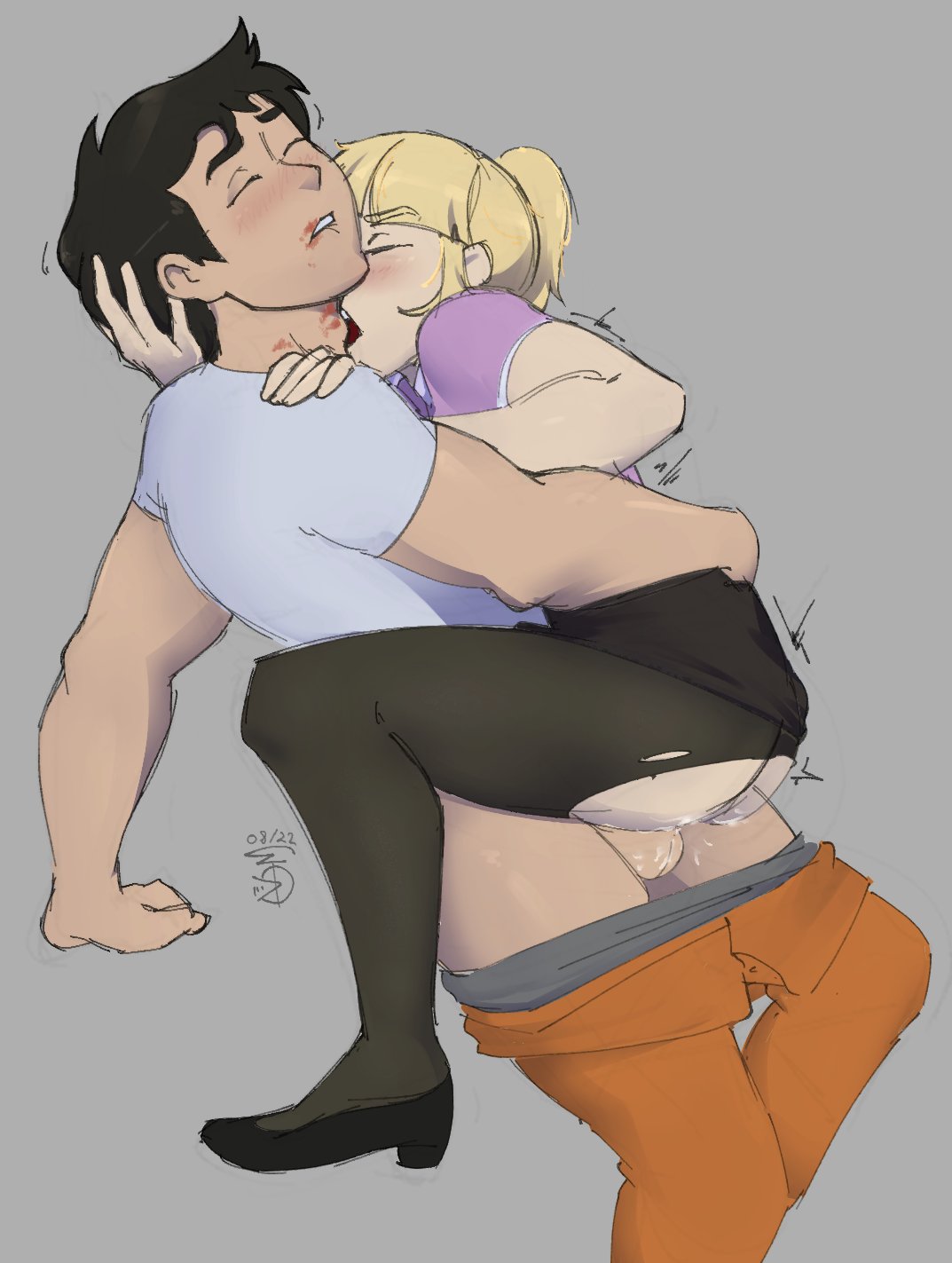 1boy 1girls 2022 ambiguous_penetration artist_logo balls biting biting_lip biting_neck biting_own_lip black_clothing black_flats black_hair black_legwear black_pantyhose blonde_hair blush canon_couple carrying_partner carrying_position closed_eyes confinement_(lord_bung) connor_cornwall couple couple_(romantic) cuknite32 dated flats gray_background grey_background grey_clothing grey_underwear hetero holding_partner human human_only implied_vaginal light-skinned_female light_skin lipstick lipstick_mark motion_lines natalie_powers office_lady open_mouth orange_clothing orange_pants pants pants_down pantyhose passionate penetration penis pink_clothing pink_shirt ponytail romantic scp scp_foundation sex shirt solid_color_background straight tan-skinned_male tan_skin teeth torn_clothes torn_pantyhose watermark wet wet_pussy white_clothing white_shirt