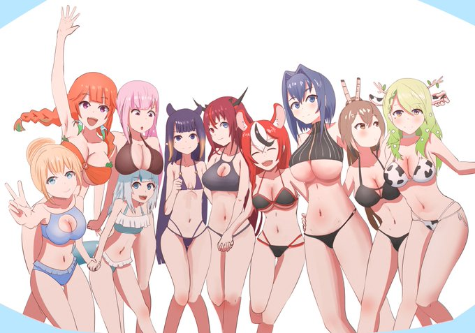 10girls 6+girls angelchama basic_background big_breasts breasts ceres_fauna cow_print female_only gawr_gura hakos_baelz hololive hololive_english hololive_english_-council- hololive_english_-promise- hololive_myth horns irys irys_(hololive) long_hair mori_calliope multiple_girls nanashi_mumei ninomae_ina'nis ouro_kronii short_hair simple_background swimsuit takanashi_kiara take_your_pick two_tone_hair virtual_youtuber vtuber watson_amelia