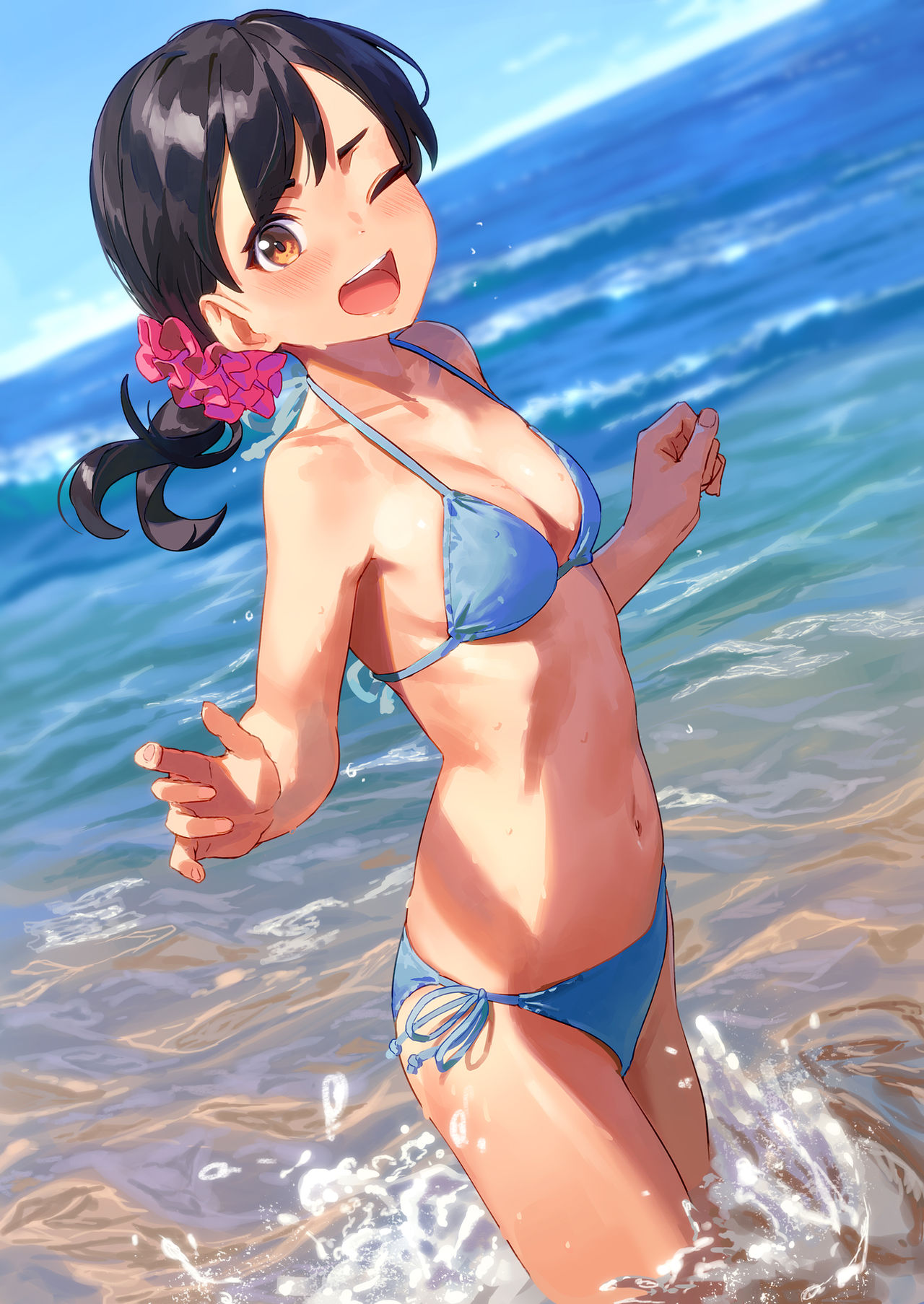 1girls, bangs, beach, belly, belly button, bikini, bikini bottom, bikini top, black hair, blue bikini, blush, breasts, brown eyes, cleavage, collarbone, day, daytime, female, hair between eyes, happy, kinta (distortion), looking at viewer, navel, original, outdoors, outside, ponytail, scrunchie, side-tie bikini, side-tie panties, small breasts, smile, smiling, smiling at viewer, standing, stomach, water, wet, wet body, wet skin, young