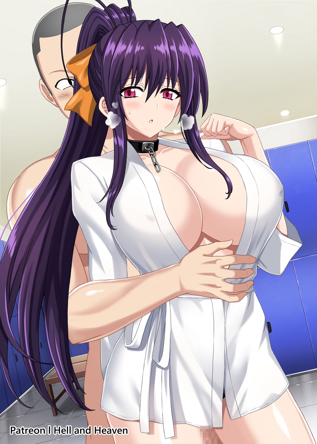 1boy, 1girls, akeno himejima, big breasts, breasts, censored, female, female focus, hellandheaven, high school dxd, holding, large breasts, long hair, magenta eyes, male, matsuda (high school dxd), mosaic censoring, netorare, ntr, purple hair
