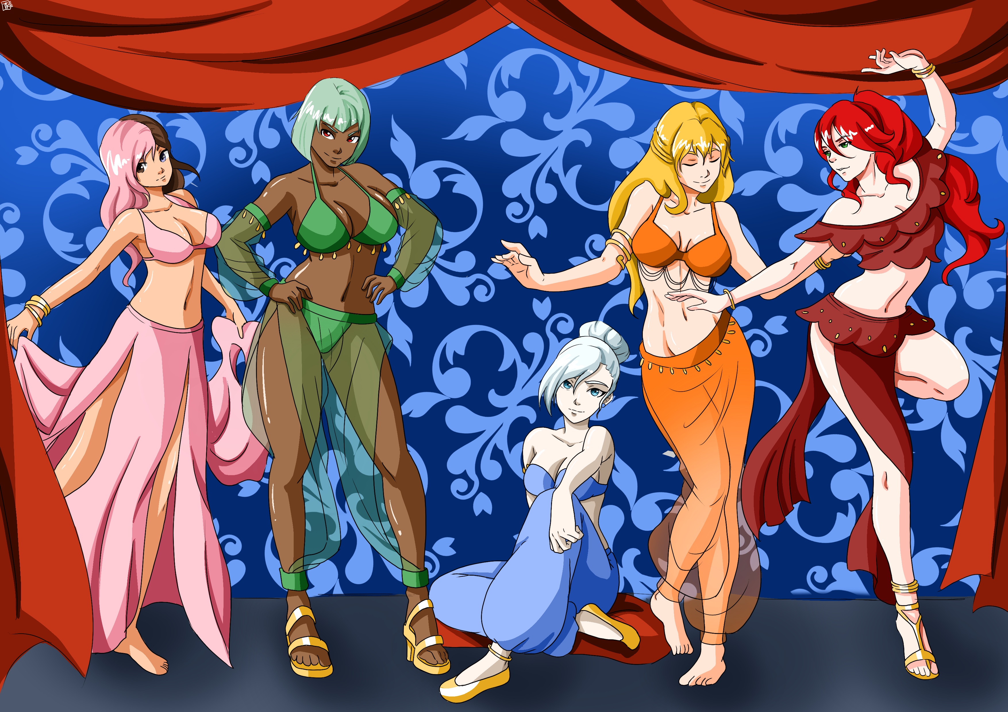 5girls, belly dancer, belly dancer outfit, blonde hair, dancer, dancer outfit, dark skin, dark-skinned female, emerald sustrai, female, female only, green eyes, green hair, harem, harem girl, harem outfit, multicolored hair, multiple females, multiple girls, neo (rwby), pyrrha nikos, red eyes, red hair, rwby, tonykaraartwork, winter schnee, yang xiao long