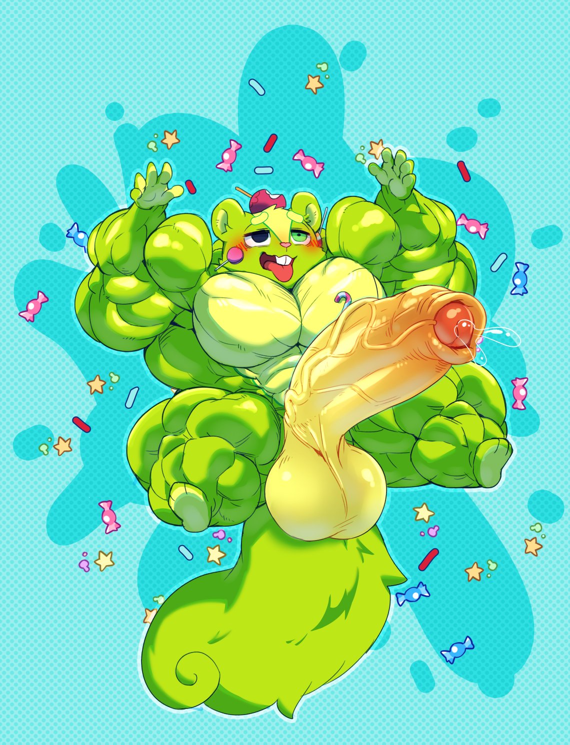 anthro balls big_balls big_muscles big_penis buff candy crimsonrabbit dessert food foreskin full-length_portrait fur genitals green_body green_fur happy_tree_friends hi_res huge_balls huge_cock huge_muscles hyper hyper_balls hyper_genitalia hyper_muscles hyper_penis male mammal muscular muscular_shortstack nutty_(htf) partially_retracted_foreskin penis portrait rodent sciurid simple_background solo tongue tongue_out tree_squirrel uncut