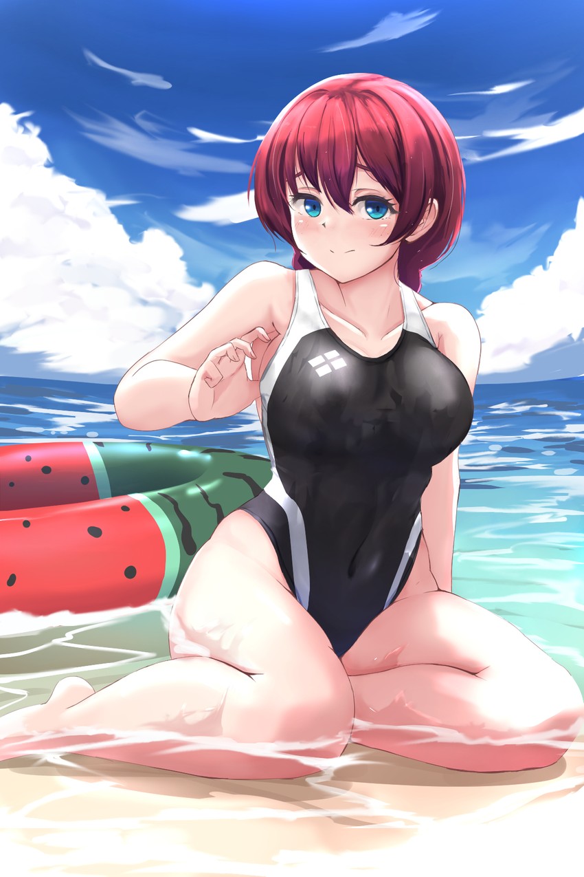 adjusting_clothes blue_eyes blush breast_grab butter_curry emma_verde love_live! love_live!_nijigasaki_high_school_idol_club one-piece_swimsuit red_hair swimsuit