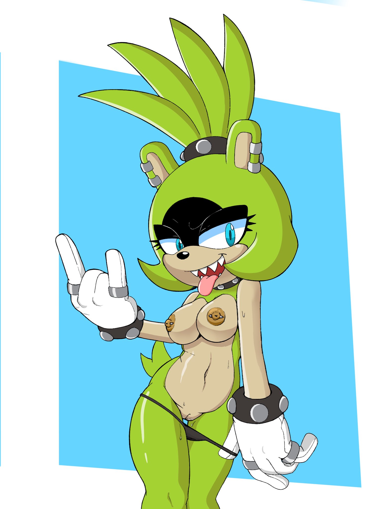 1girls, anthro, breasts, female, idw comics, idw publishing, leaking pussy, looking at viewer, medium breasts, mobian (species), neo x6, panties down, pussy, pussy juice, pussy juice on leg, sega, sharp teeth, simple background, sonic (series), sonic the hedgehog (comics), sonic the hedgehog (idw), sonic the hedgehog (series), surge the tenrec, tongue, tongue out, wet pussy