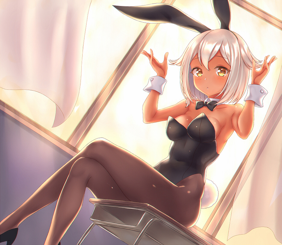 breasts brown_eyes bunny_ears bunny_tail bunnysuit clothed clothed_female clothes clothing female female_focus female_only gatchapowa german german_vtuber germany pantyhose selphius sitting sitting_on_desk tanned tanned_female thick_thighs thighs white_hair