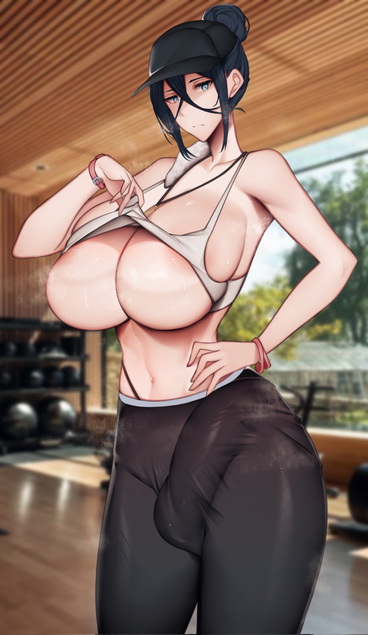 1futa 2022 2d big_breasts big_penis black_hair blue_eyes breasts bulge bulge_through_clothing cap clothed clothing clothing_lift erection erection_under_clothes expressionless futa_only futanari gym gym_clothes gym_clothing gym_equipment gym_uniform hand_on_hip hips huge_breasts human indoors lifting_clothing lifting_shirt light-skinned_futanari light_skin long_hair massive_breasts mostly_clothed original original_character penis penis_bulge penis_in_yoga_pants penis_under_clothes presenting_breasts slim_waist solo solo_futa sports_bra sportswear standing steam steaming_body steamy_penis sweat sweaty_body thick_thighs thighs tied_hair unbeller wide_hips yoga_pants