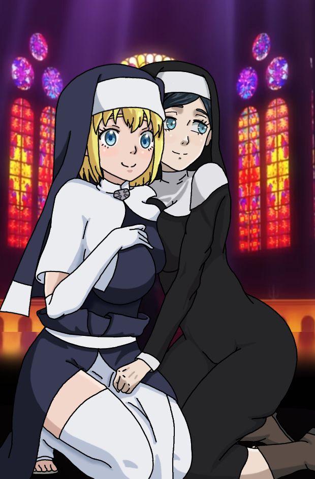 2girls black_clover black_hair blue_eyes en'en_no_shouboutai enen_no_shouboutai female female_human female_only fire_force human kneeling multiple_girls nude nun nun's_habit nun_outfit short_hair sister_iris_(enen_no_shouboutai) sister_iris_(fire_force) sister_lily_aquaria sondrykle yellow_hair