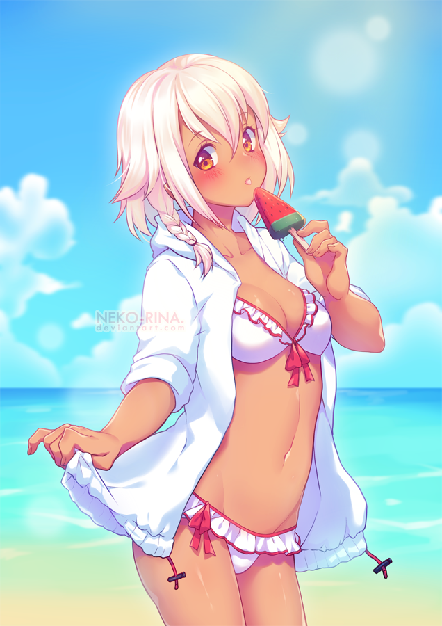 beach bikini breasts brown_eyes clothed clothed_female clothes clothing female female_only german german_vtuber germany ice licking neko-rina selphius tanned tanned_female tanned_skin thighs white_hair