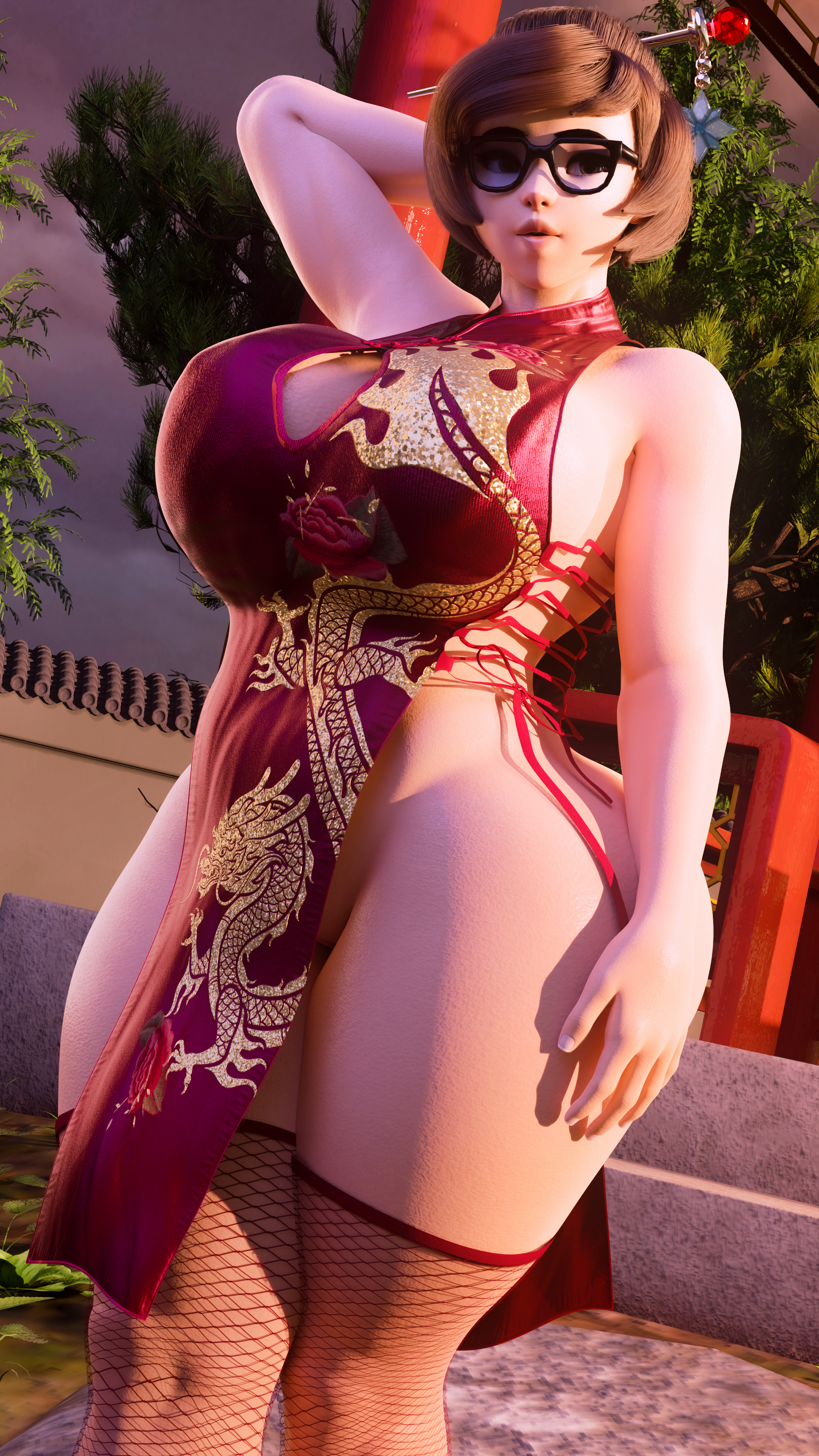 1girls, 3d, big breasts, big thighs, blender, blizzard entertainment, breasts, brown hair, busty, cheongsam, chinese clothes, cleavage, dress, female, female only, fishnet, fishnet legwear, fishnet stockings, fishnets, front view, gigantic breasts, glasses, hand on head, hi res, huge breasts, huge thighs, large breasts, legwear, lingerie, long hair, massive breasts, massive thighs, mei (overwatch), one hand behind head, overwatch, pussy, sampples, solo, solo female, stockings, thick thighs, thighs, voluptuous, wide hips, wide thighs