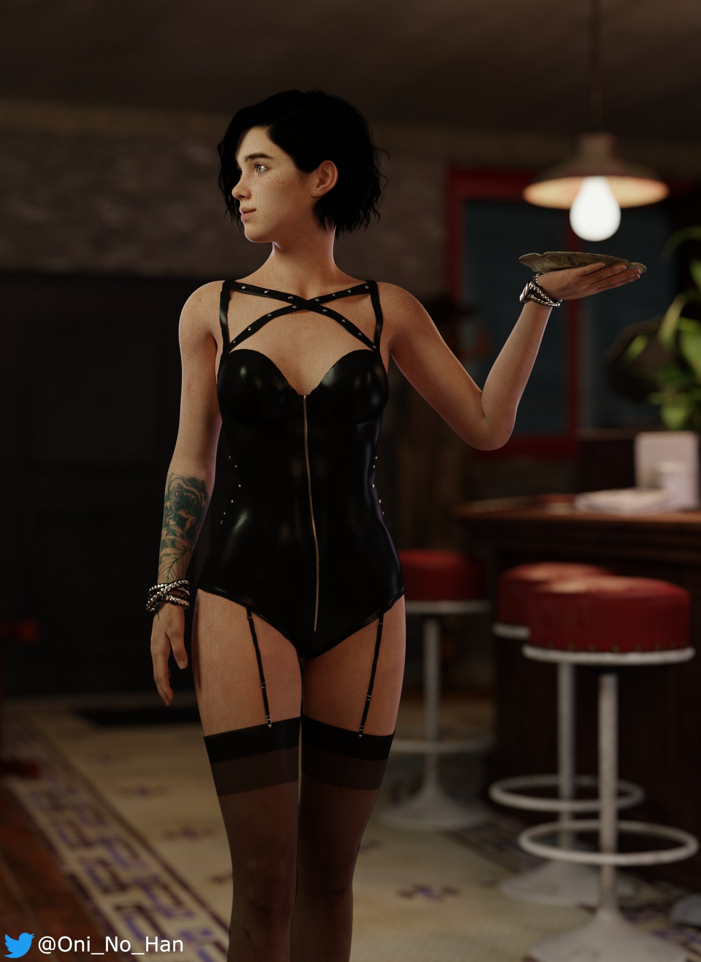 1girls, 3d, 3d (artwork), alternate hair color, alternate hairstyle, arm tattoo, bar, bare arms, bare shoulders, bare thighs, black hair, bodysuit, bondage gear, bracelet, breasts, brown hair, ellie (the last of us), ellie williams, eyebrow slits, female, female focus, female only, freckles, front view, garter straps, green eyes, hi res, highres, light skin, light-skinned female, looking away, naughty dog, oni no han, pale skin, pale-skinned female, petite, short hair, skinny, small breasts, solo, solo female, solo focus, sony interactive entertainment, stockings, tattoo, tattoo on arm, tattooed arm, the last of us, the last of us 2, thighhighs, waitress