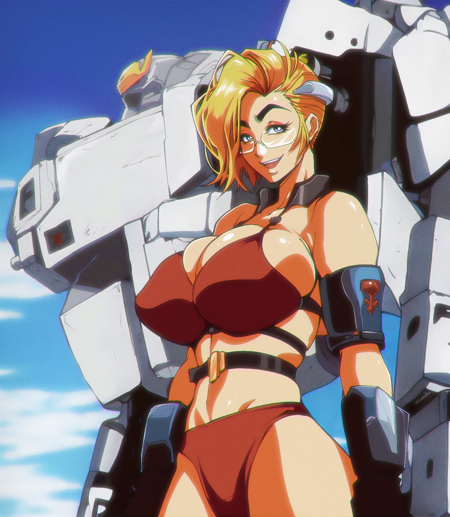 1girls, balak, big breasts, bikini, blonde hair, blue sky, breasts, breasts bigger than head, cloud, copyright request, cowboy shot, curvaceous, curvy, day, daytime, female, glasses, hourglass figure, large breasts, linea alba, mecha, outdoors, robot, short hair, smile, standing, tagme, thick eyebrows, toned, toned body, voluptuous