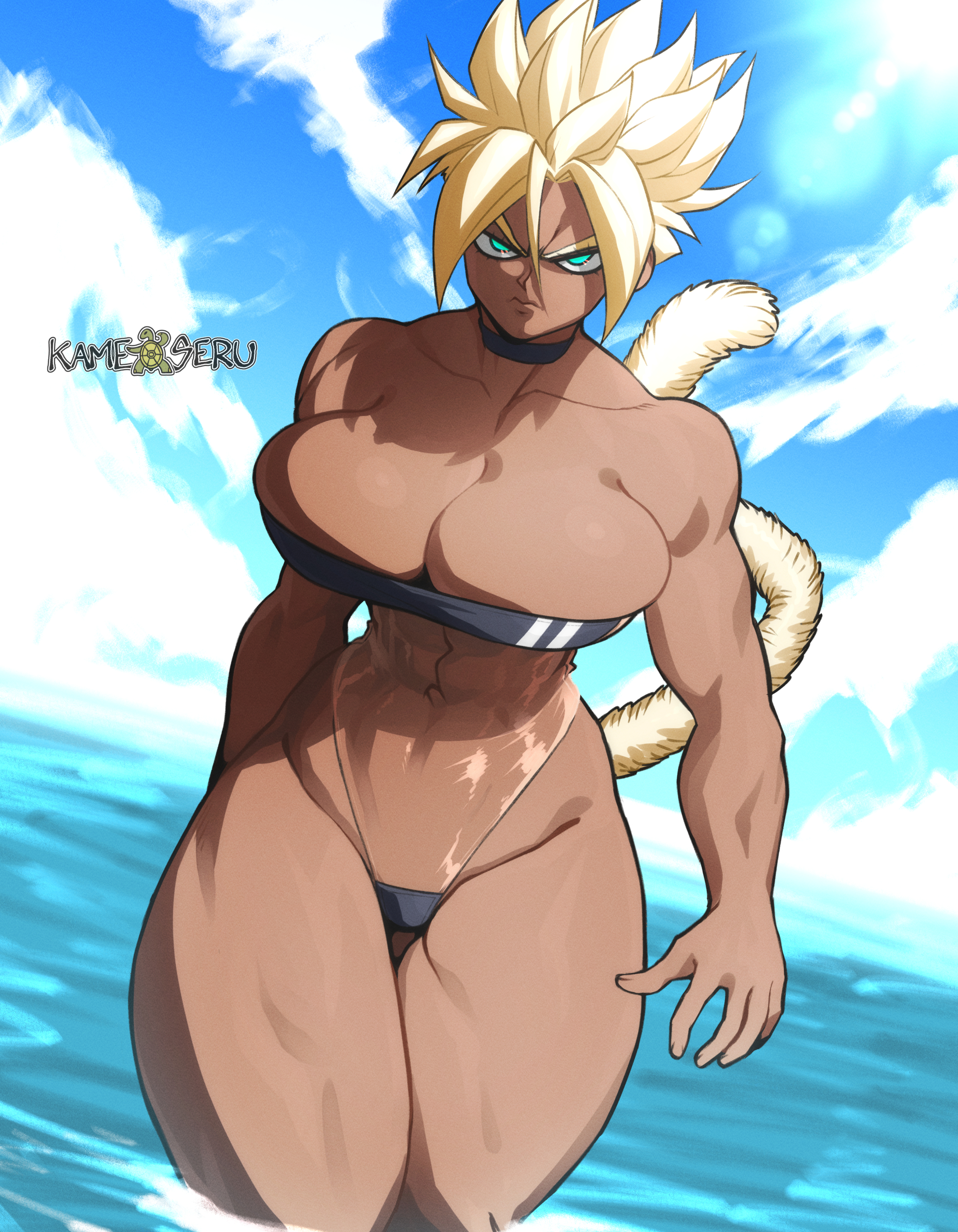 1girls, blonde, blonde female, blonde hair, blue eyes, dark skin, dark-skinned female, dragon ball, female, female saiyan, gris swimsuit, kameseru, matsuna (kameseru), oc, original, original character, saiyan, saiyan tail, solo, solo female, super saiyan, swimsuit, tail, water, watermark, yellow hair