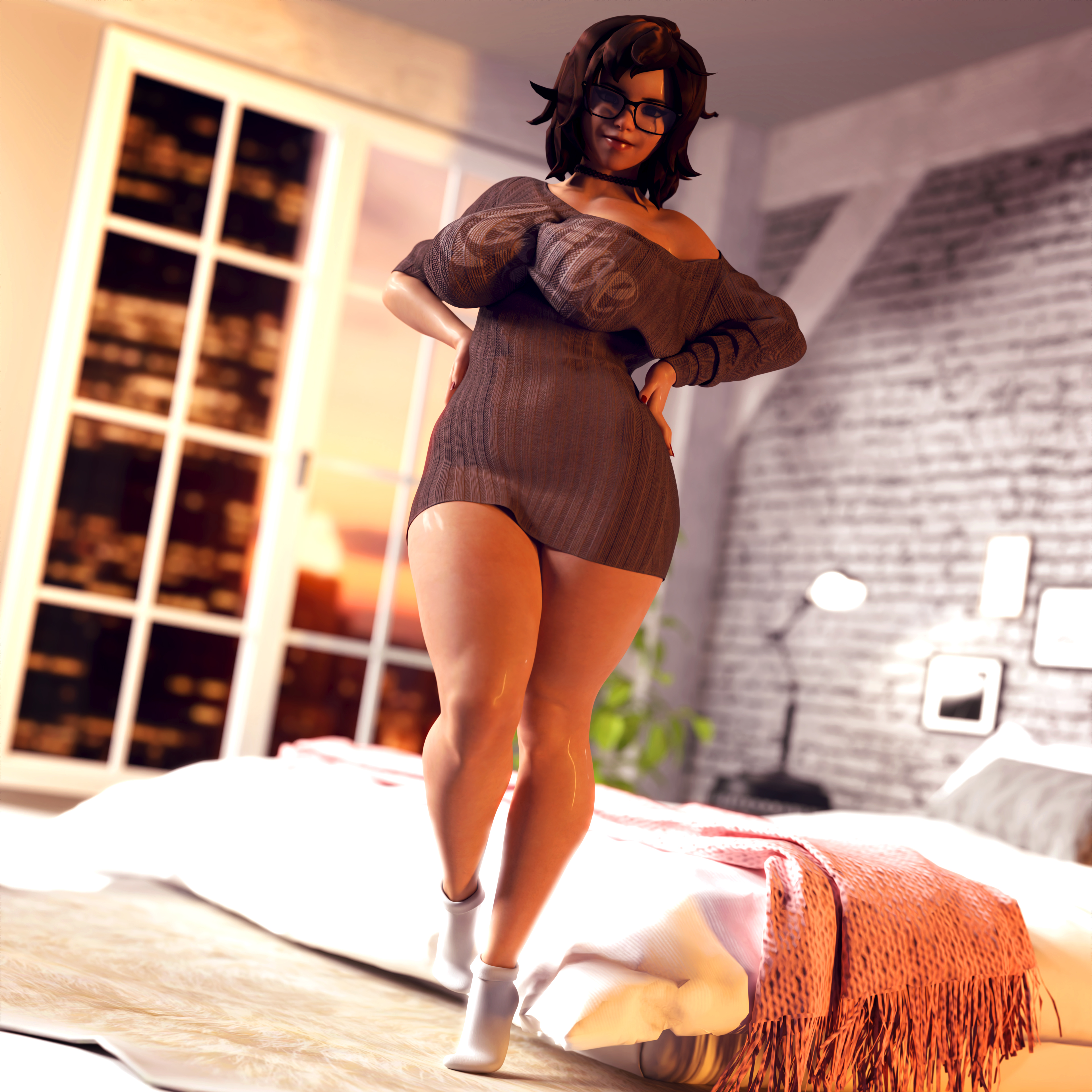 1girls, 3d, 3dcg, bed, bedroom, big breasts, big thighs, breasts, busty, clothed, clothed female, daz studio, female, female only, fingernails, glasses, huge breasts, huge thighs, large breasts, mei (overwatch), nail polish, overwatch, red nails, solo, solo female, thick thighs, thighs, urqqurqq