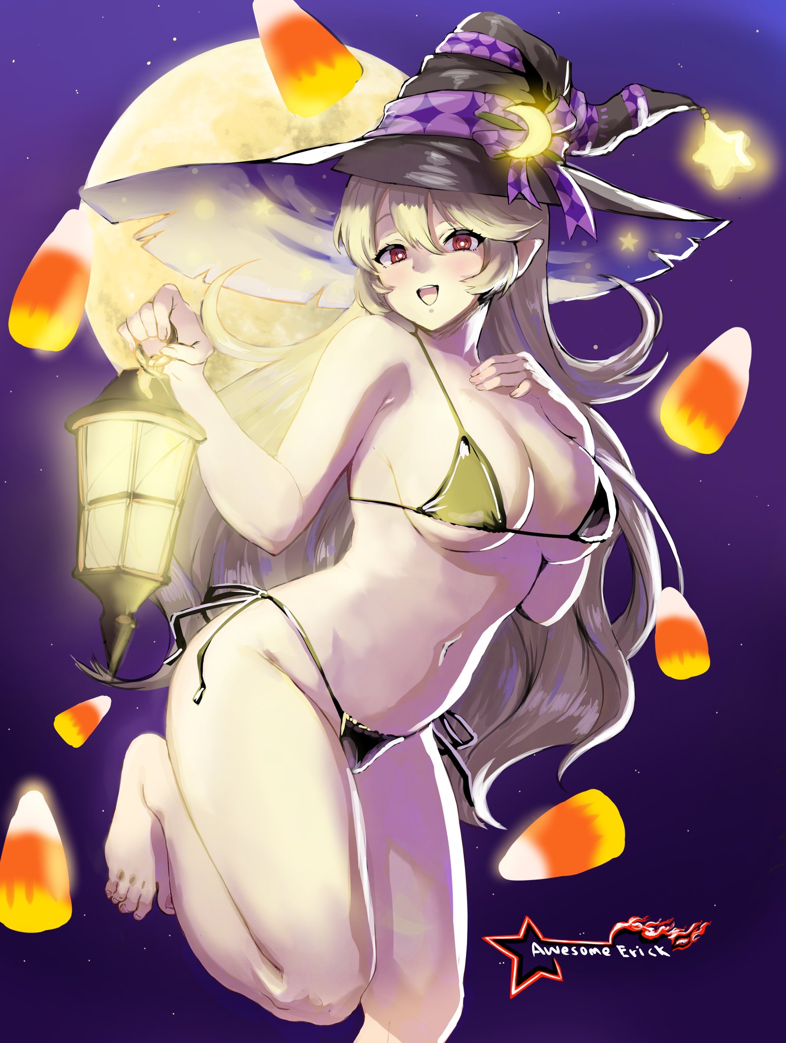 1girls, awesomeerix, barefoot, bikini, blonde hair, breasts, corrin (fire emblem), corrin (fire emblem) (female), female, fire emblem, fire emblem fates, fire emblem heroes, halloween, highres, light skin, light-skinned female, long hair, nintendo, pointy ears, red eyes, smile, witch, witch hat
