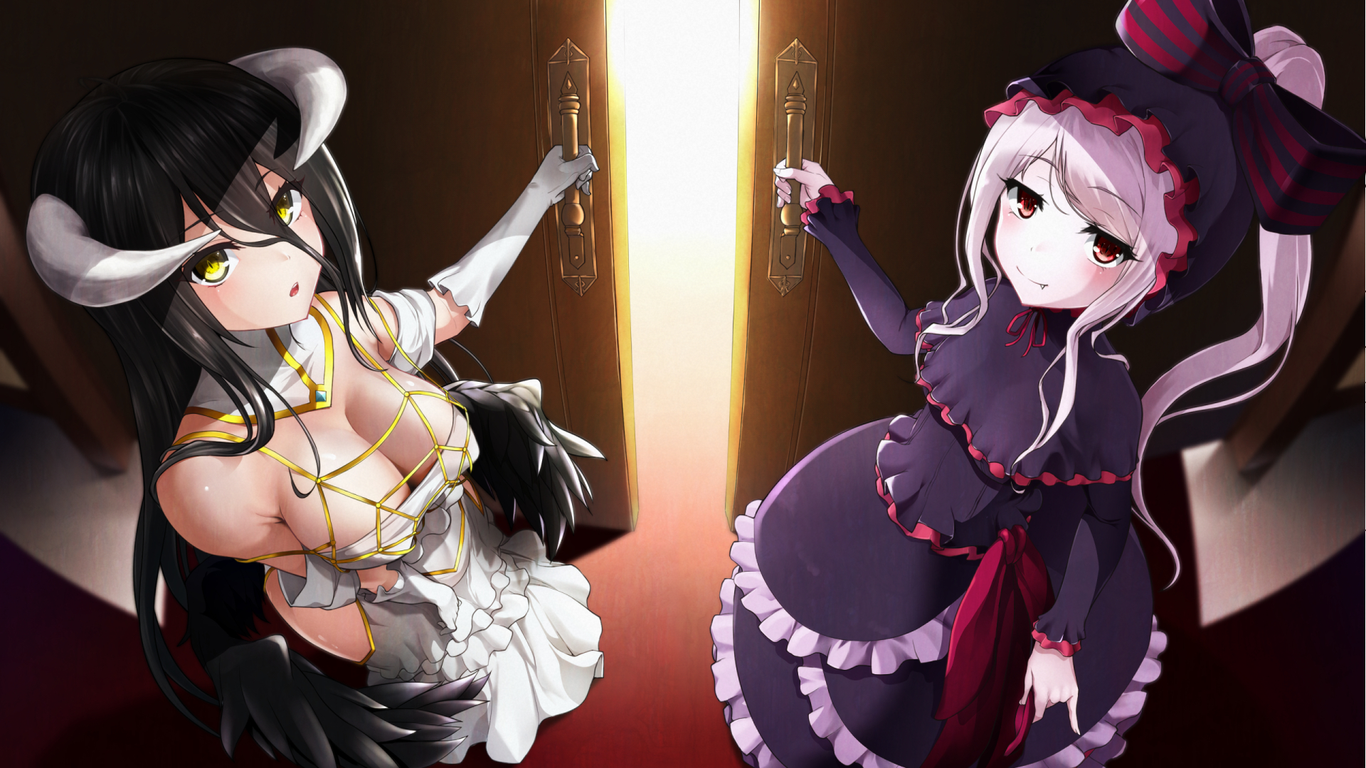 2girls, albedo (overlord), big breasts, breasts, clothing, demon, dress, duo, enishi nishimiya, female, female only, overlord (maruyama), shalltear bloodfallen, skimpy, succubus, tagme, vampire