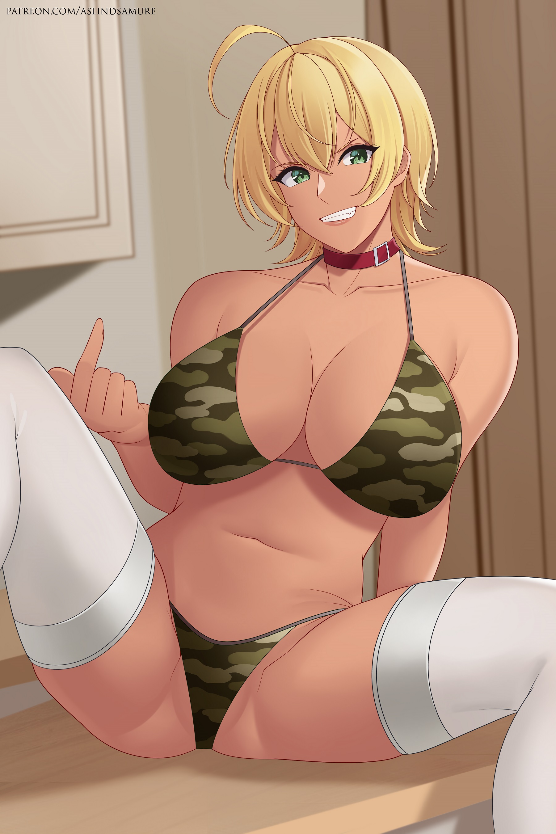 1girls, aslindsamure, big breasts, blonde hair, blonde-haired female, breasts, camouflage bikini, female, mito ikumi, shokugeki no souma, solo