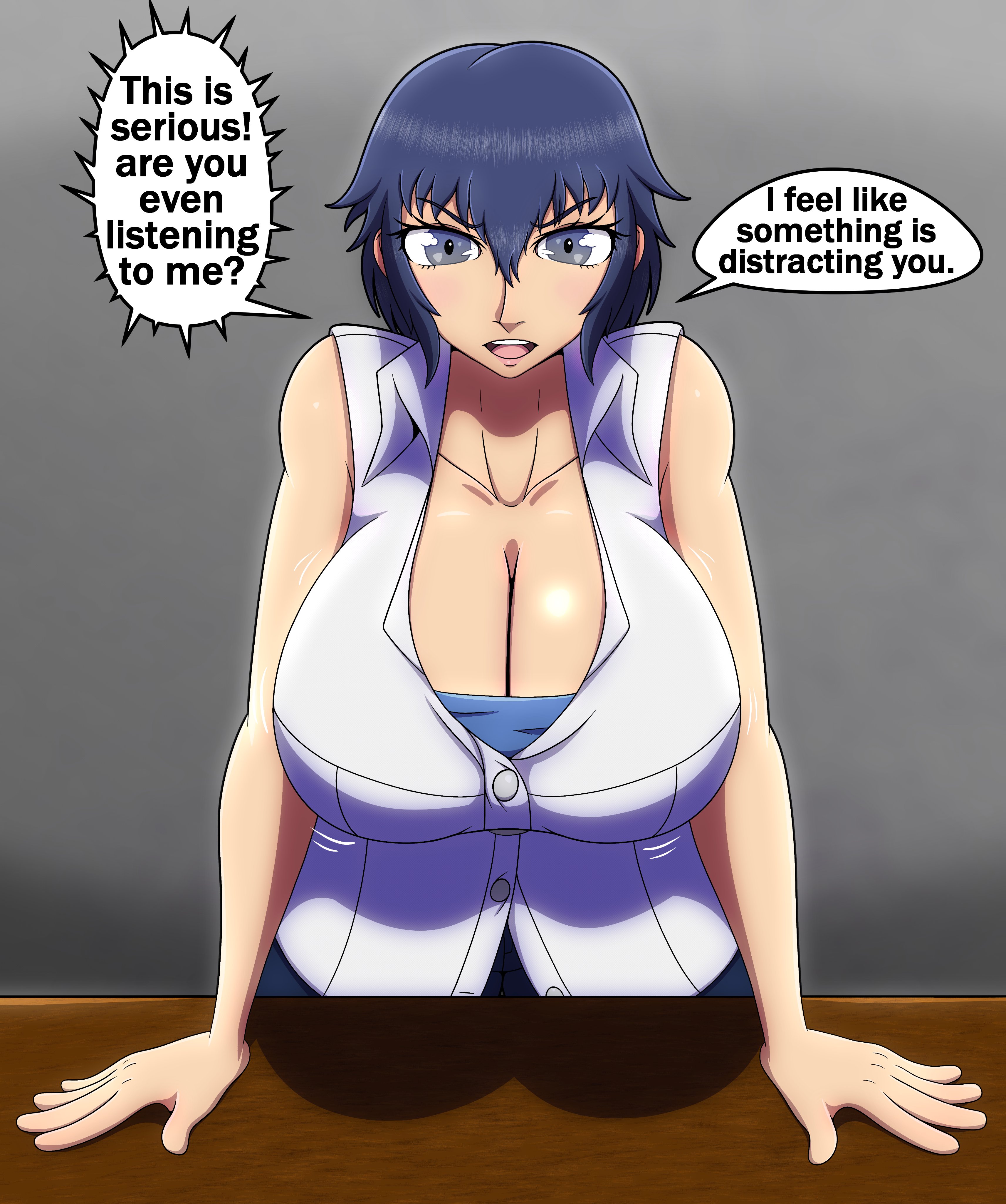 1girls, atlus, big breasts, blue hair, breasts, dialogue, english text, female, female only, justdrawingjake, large breasts, looking at viewer, open mouth, persona, persona 4, shirogane naoto, solo, speech bubble, tagme, text