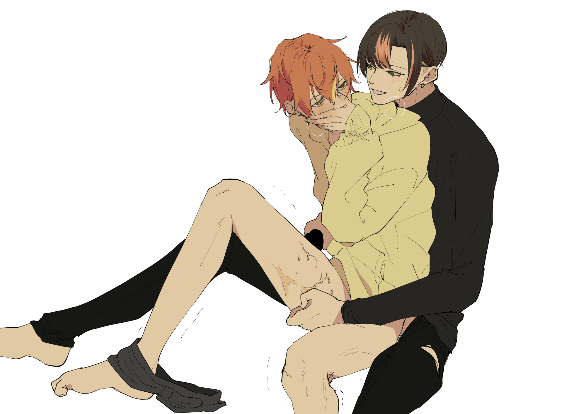 2boys, arata touno, colorful stage, flushed face, ginger hair, handjob, hoodie, male, male only, non-con, project sekai, shinonome akito, yaoi