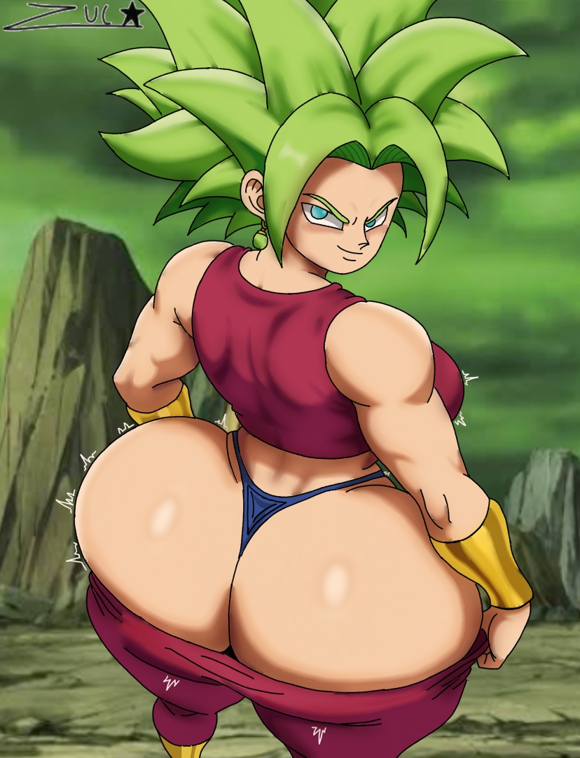 ass, ass bigger than head, big ass, blue eyes, blue underwear, dragon ball, dragon ball super, green hair, kefla, nsfw, underwear, zucacrispis