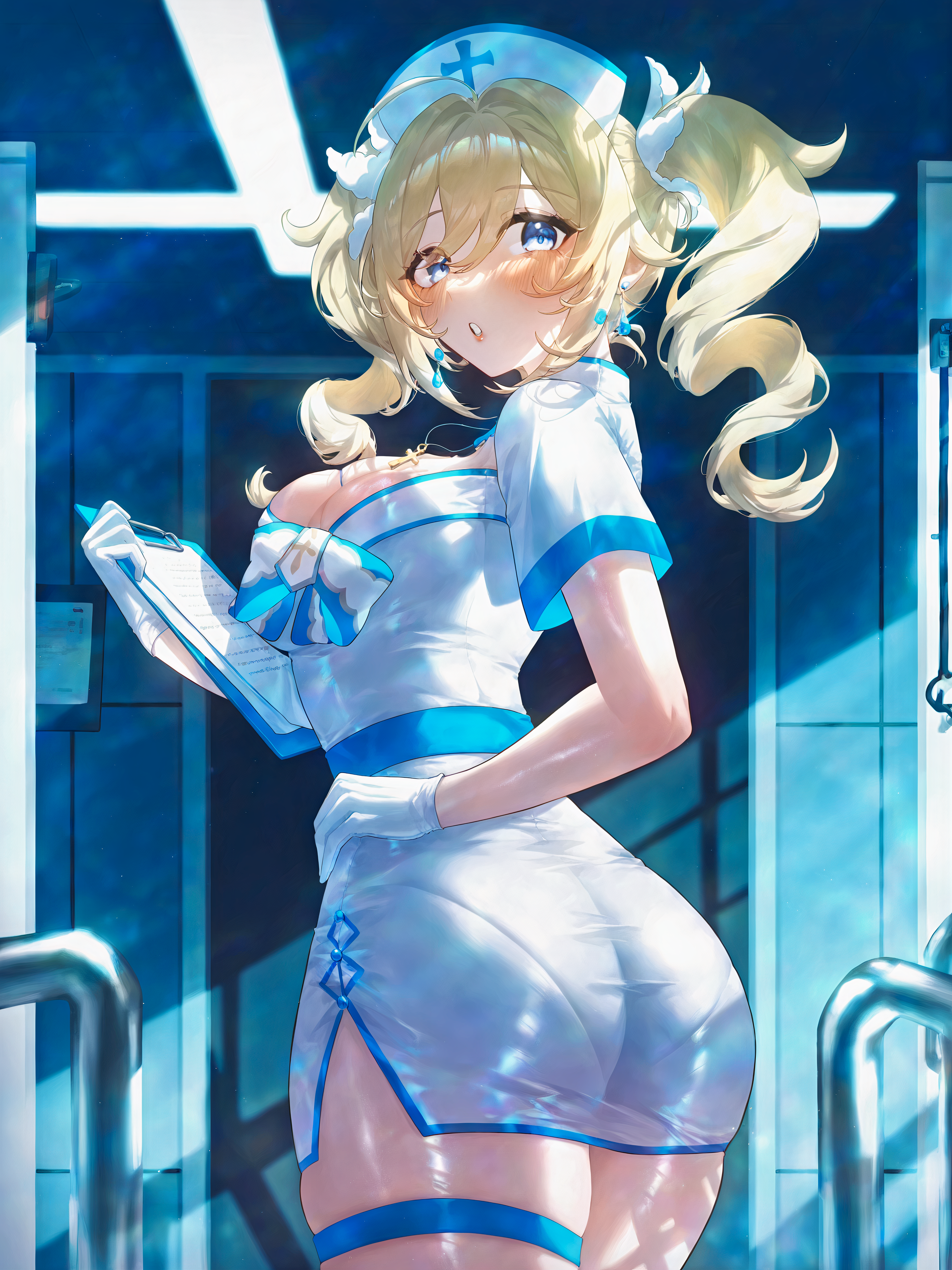 :o, 1girls, ai generated, alternate costume, aqua hair, ass, ass focus, barbara (genshin impact), belt, big ass, blue eyes, blue hair, blue skin, blush, bow, breasts, brown eyes, ceiling light, cleavage, clipboard, clothing cutout, colored skin, cowboy shot, cross, cross earrings, dress, drill hair, earrings, female, female only, from behind, genshin impact, gloves, hair between eyes, hair ornament, hand on own hip, hat, holding, holding clipboard, huge ass, indoors, infirmary, jewelry, large breasts, latex, latex gloves, light blue hair, light-skinned female, long hair, looking at viewer, looking back, medium breasts, medium hair, ministro, necklace, nurse, nurse cap, open mouth, orange eyes, pantylines, parted lips, pencil dress, pencil skirt, purple skin, ribbon, see-through, self upload, shiny clothes, shiny skin, short dress, short sleeves, side slit, sidelocks, skin tight, skindentation, skirt, slim female, solo, standing, star (symbol), star earrings, thick thighs, thigh strap, thighhighs, thighs, tight clothes, tight dress, twin drills, twintails, twisted torso, underbutt, underwear, white bow, white dress, white gloves, white headwear, yellow bow, yellow dress, yellow eyes, yellow gloves, yellow theme
